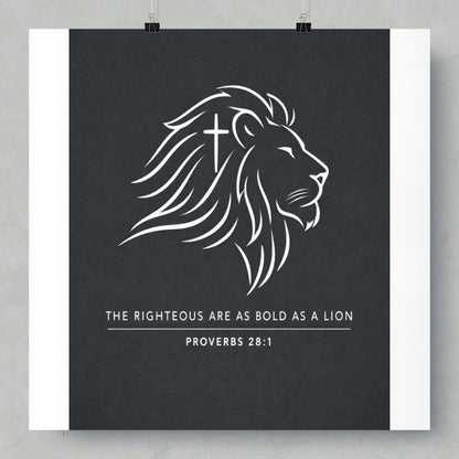 Lion's head with a cross, reads "The Righteous Are As Bold As A Lion."