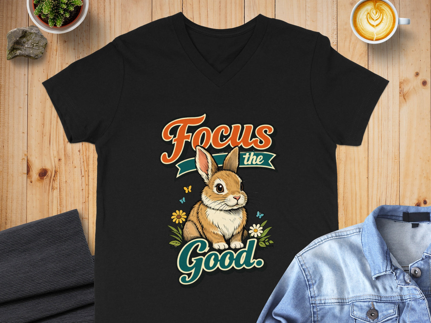 Black v-neck t-shirt with a vintage cartoon rabbit and "Focus the Good" text.