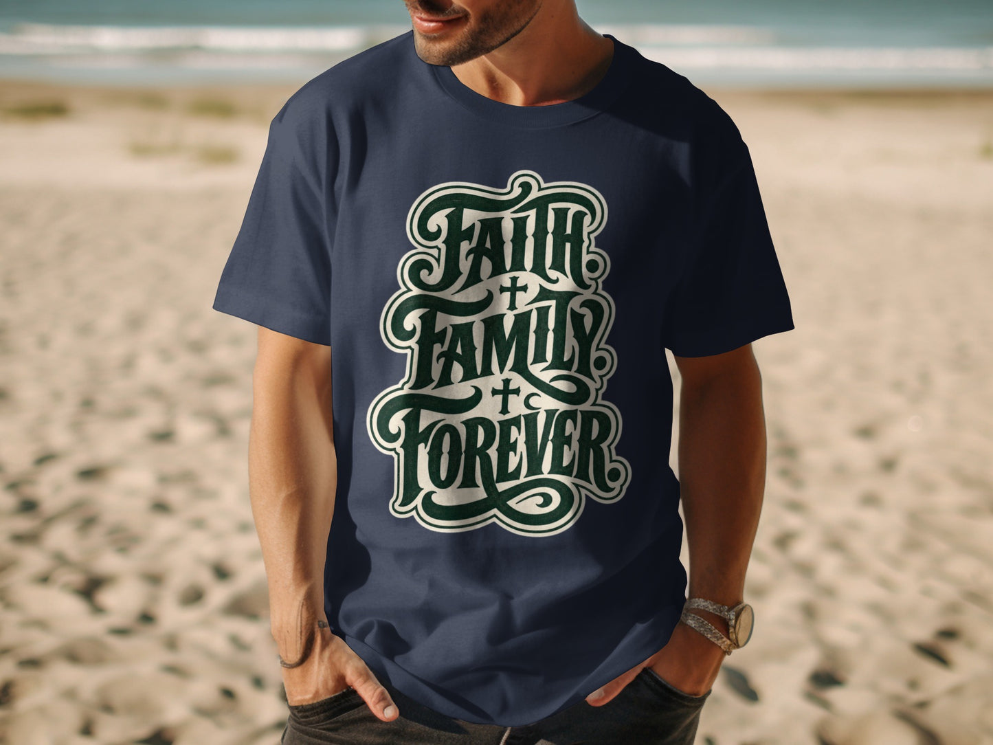 Navy t-shirt with "Faith Family Forever" text and crosses.