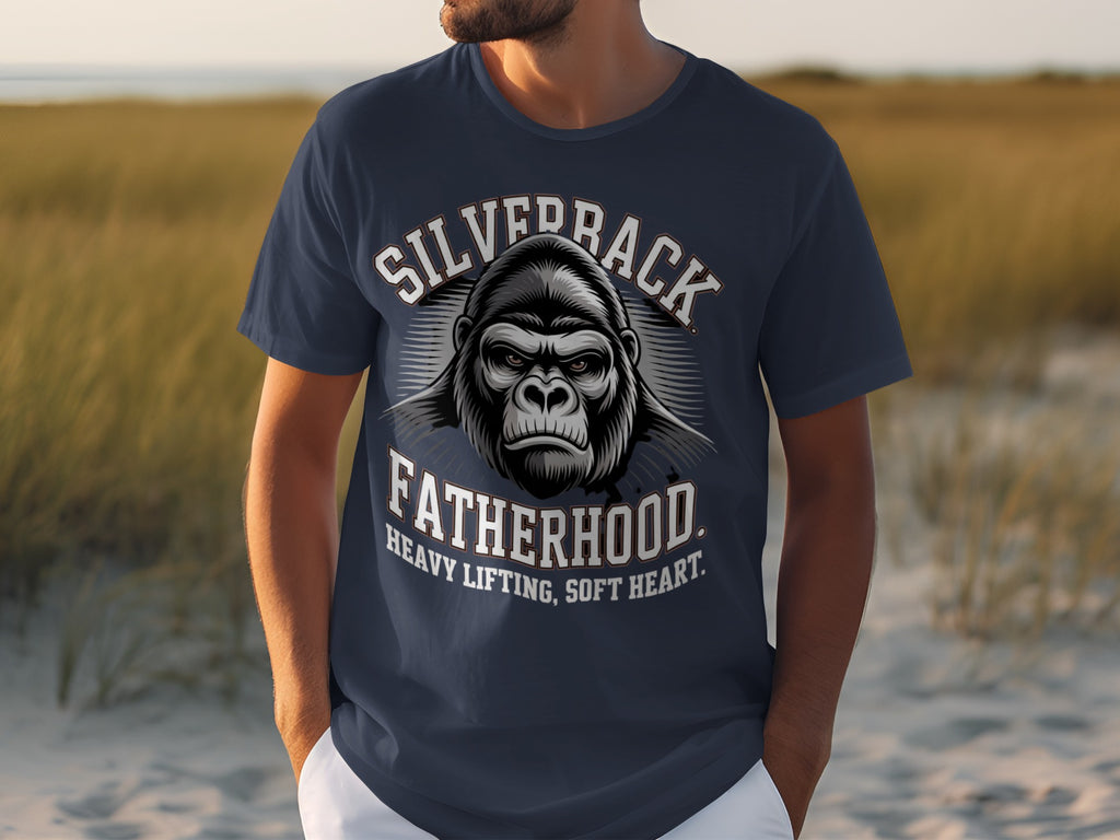 Navy t-shirt with a silverback gorilla graphic and text "Silverback Fatherhood. Heavy Lifting, Soft Heart."