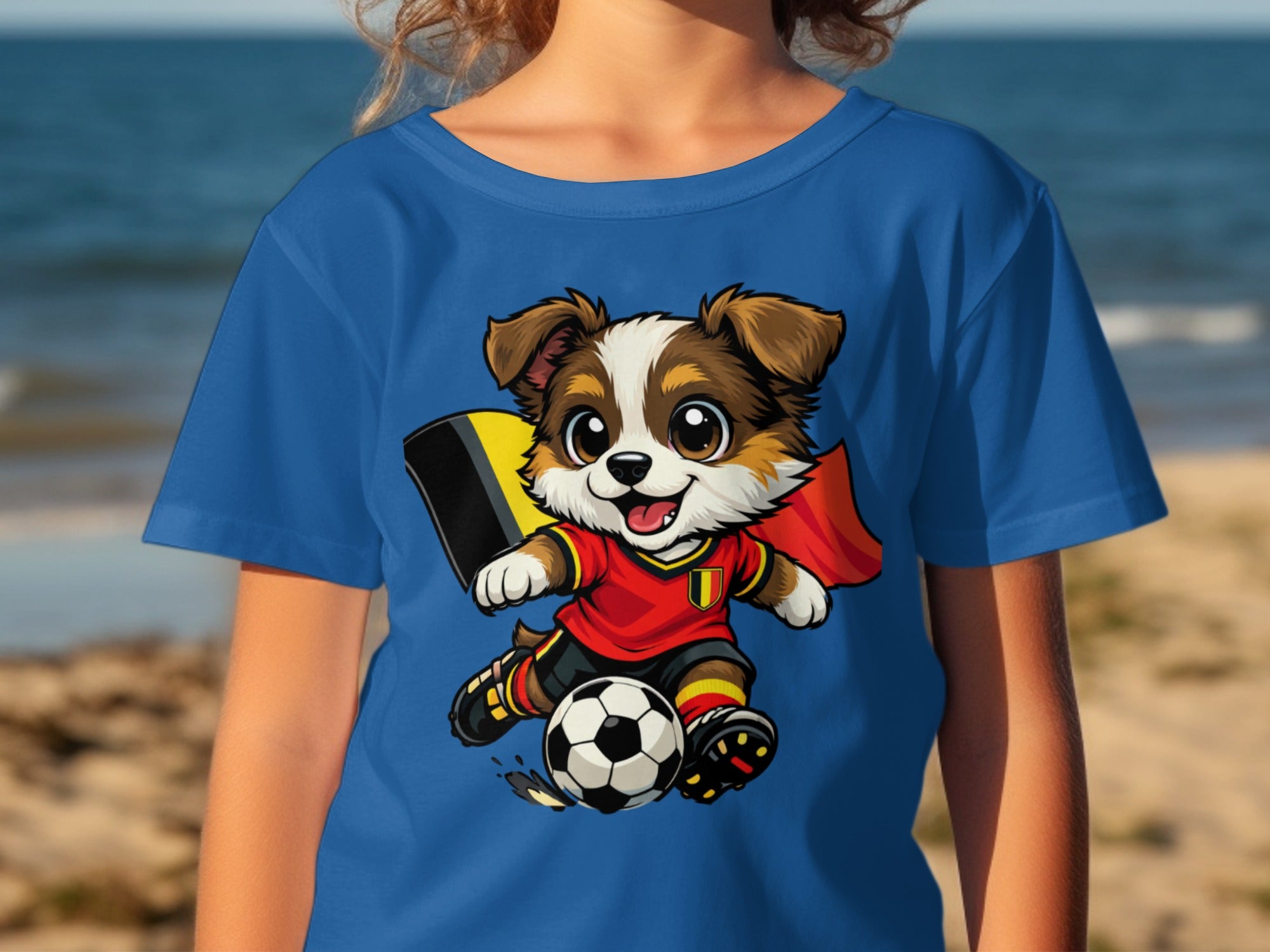 Cartoon dog in Belgian soccer uniform playing with a soccer ball and flag.
