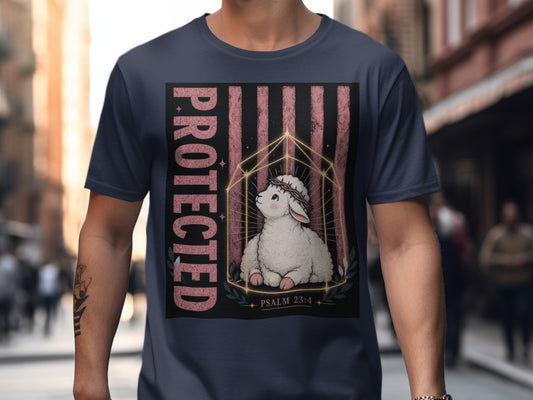T-shirt graphic of a lamb wearing a crown of thorns within a geometric frame, with "PROTECTED" and "PSALM 23:4" text.