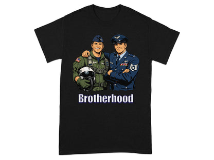 Two military pilots, one in flight gear and one in uniform, with "Brotherhood" text.