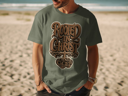 Olive green t-shirt with "ROOTED IN CHRIST Col. 2:7" text and tree root design.
