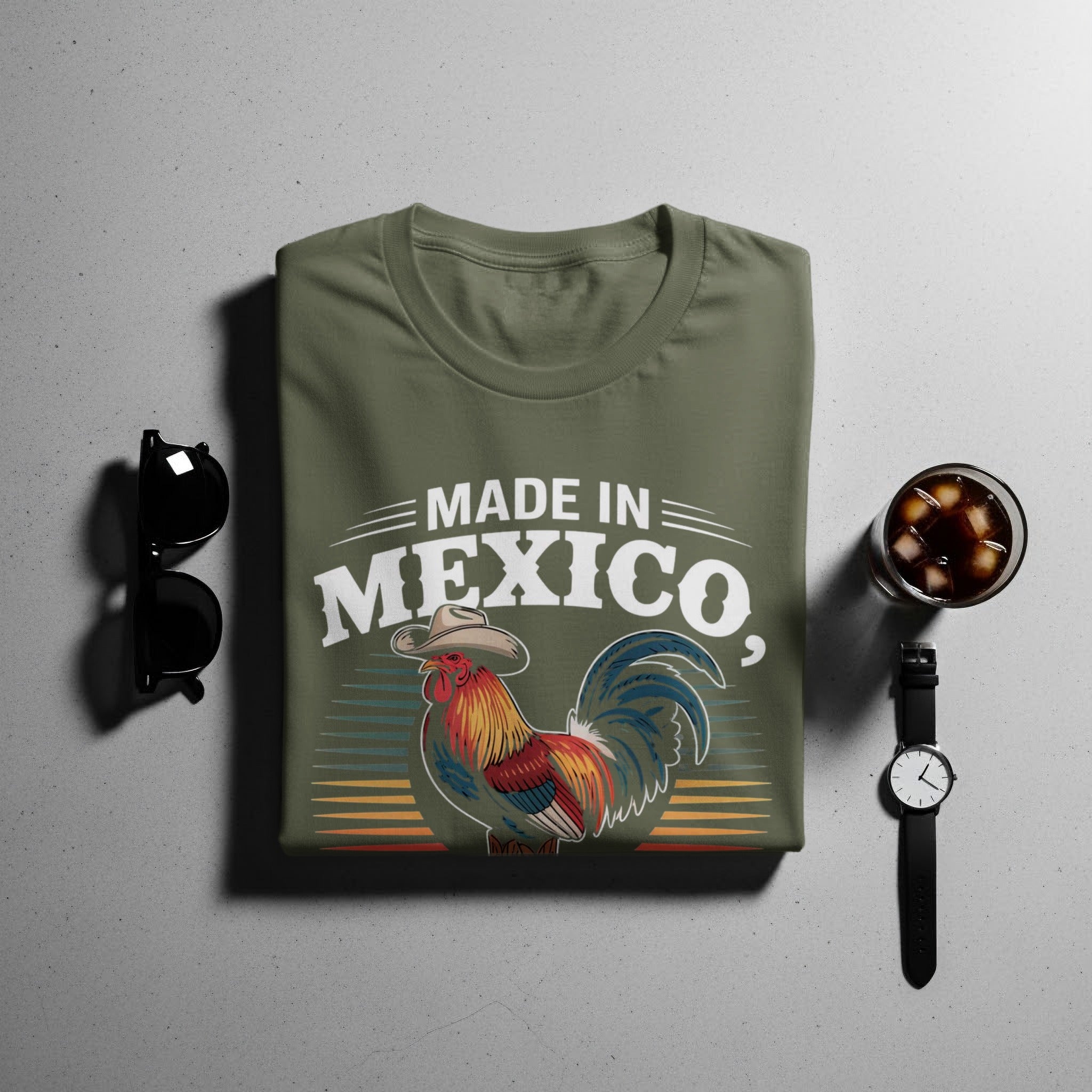 Olive green t-shirt with "Made in Mexico" text and a rooster wearing a cowboy hat.