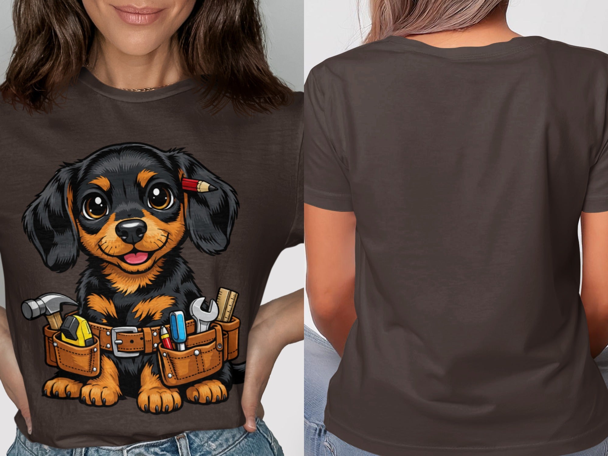Cartoon dachshund wearing a tool belt with a pencil behind its ear on a brown t-shirt.
