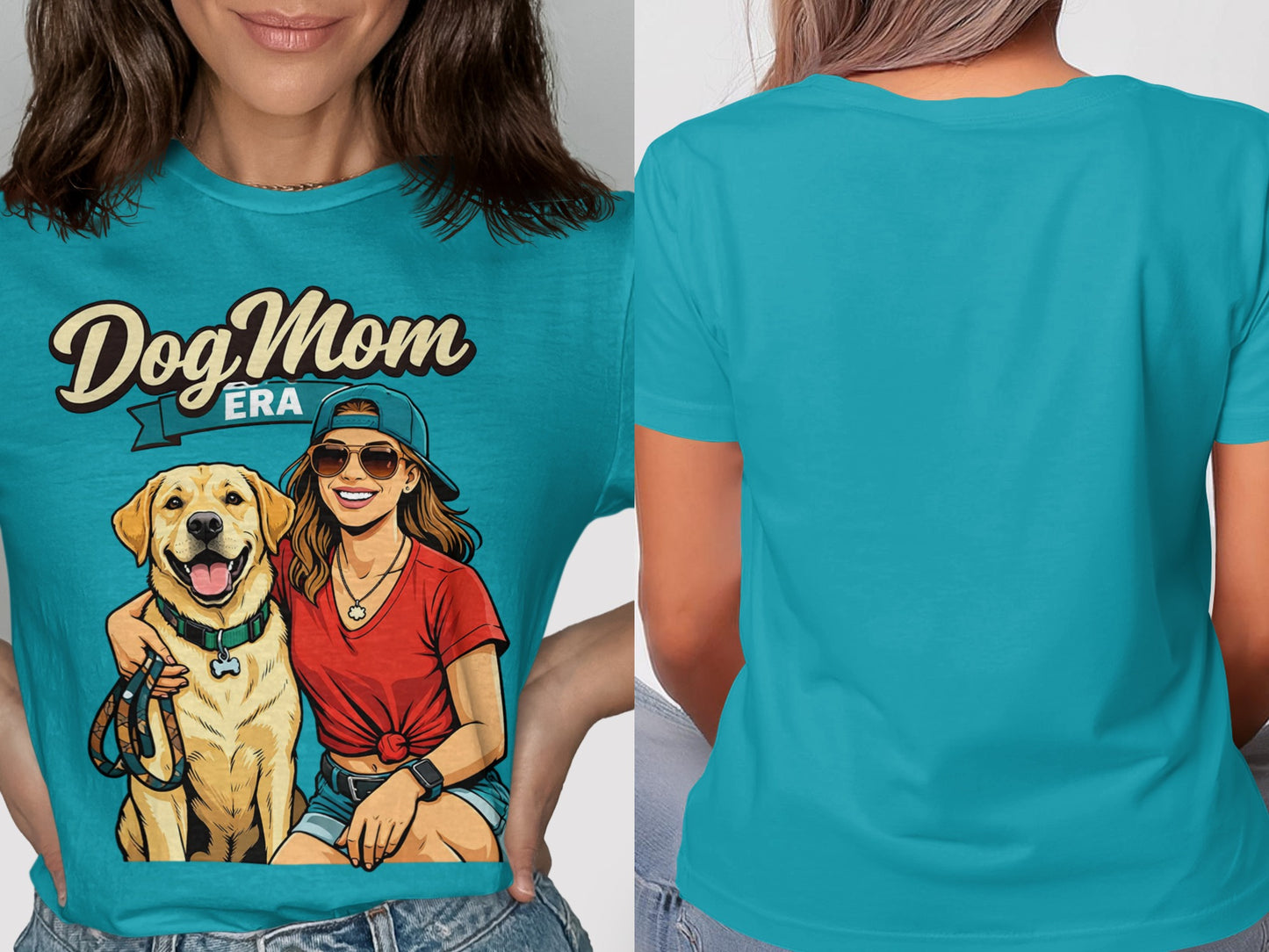 "Dog Mom Era" text above illustration of woman with dog on teal shirt.