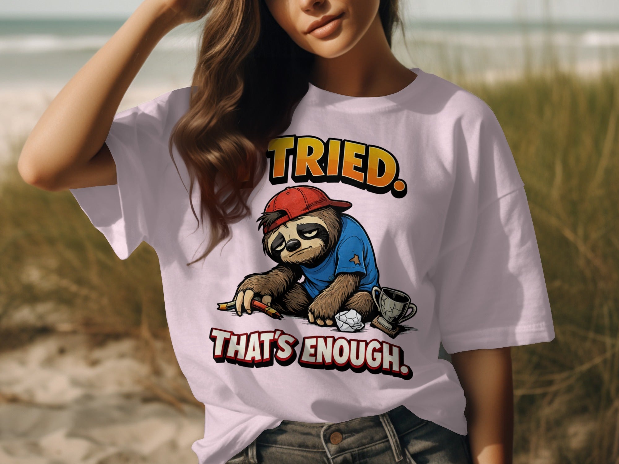 White t-shirt with a sloth illustration and text "TRIED. THAT'S ENOUGH."