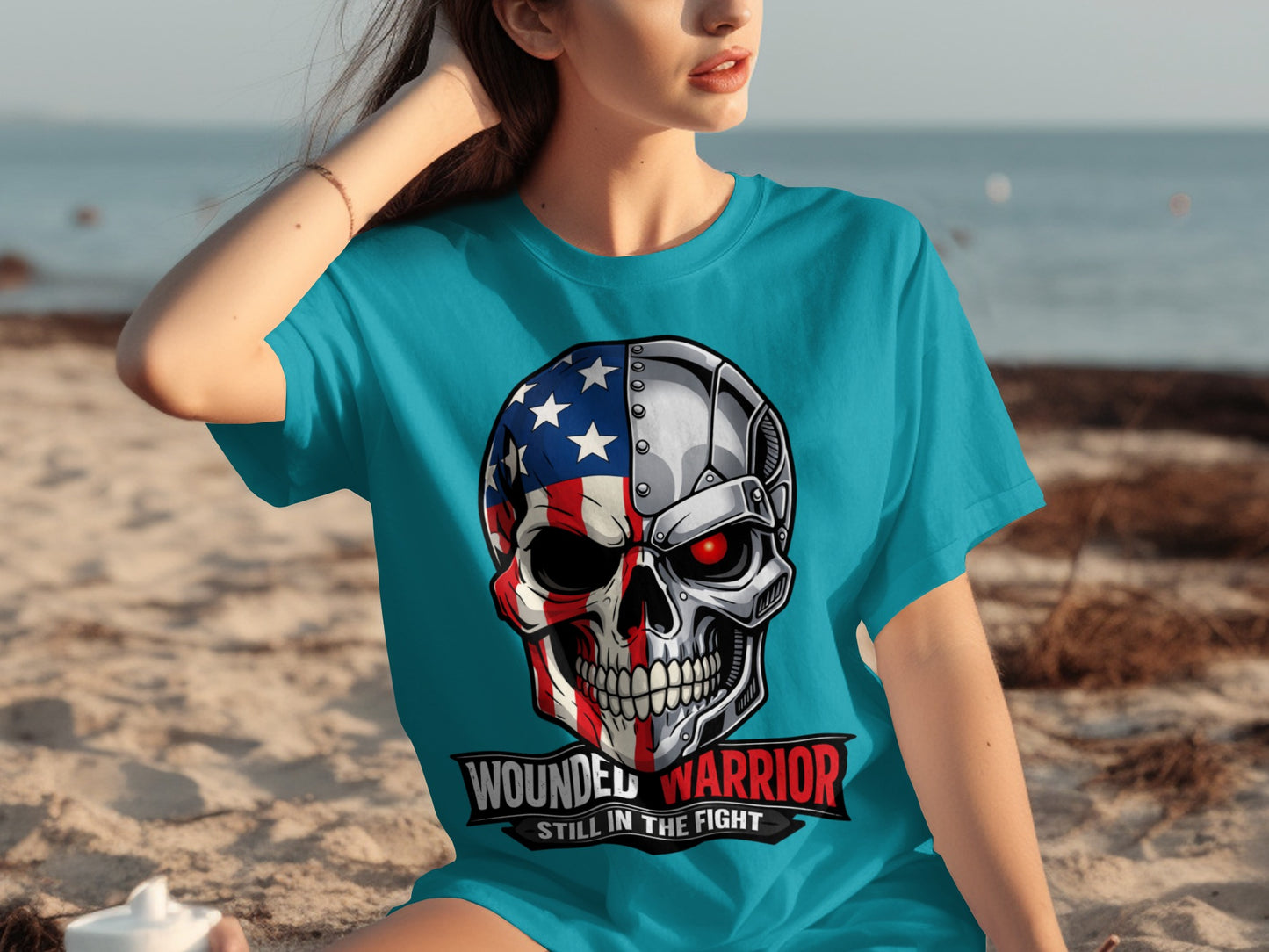Turquoise t-shirt with a skull graphic, American flag on one side, metallic on the other.