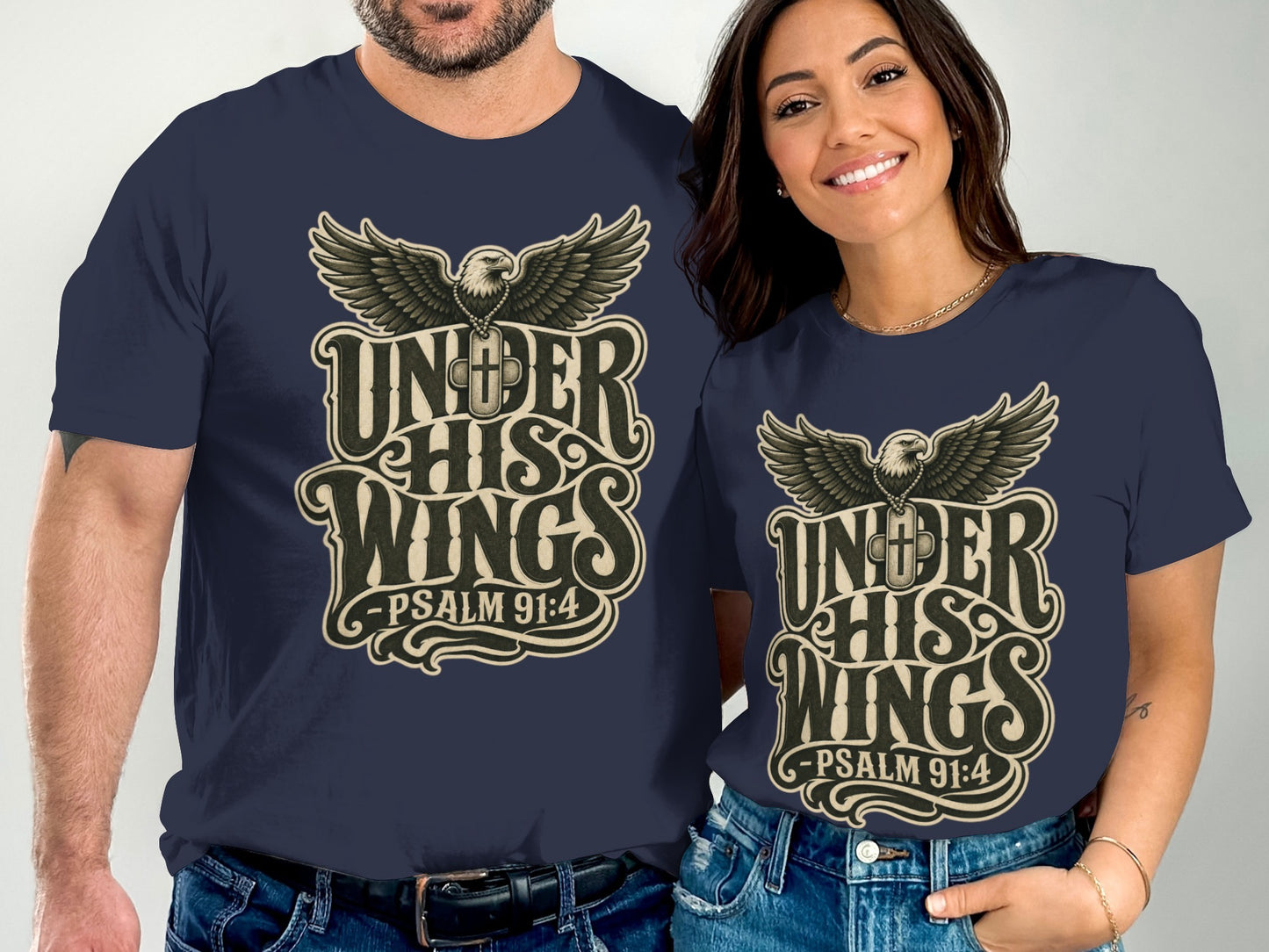 Navy t-shirts with eagle graphic and text "UNDER HIS WINGS - PSALM 91:4".