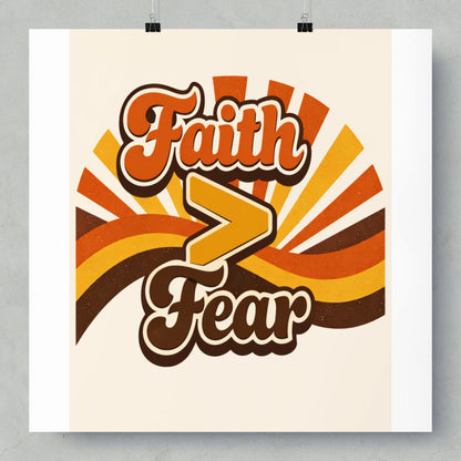 Faith is greater than fear retro groovy graphic design with sunburst and stripes.