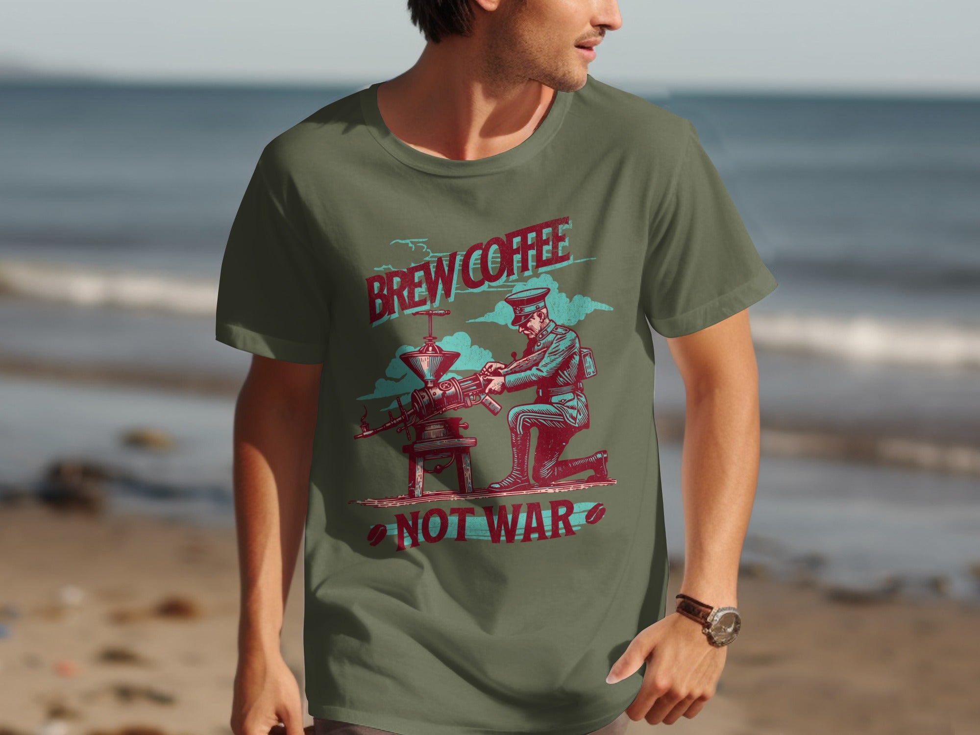T-shirt graphic with text "Brew Coffee Not War" and a soldier operating a coffee grinder.