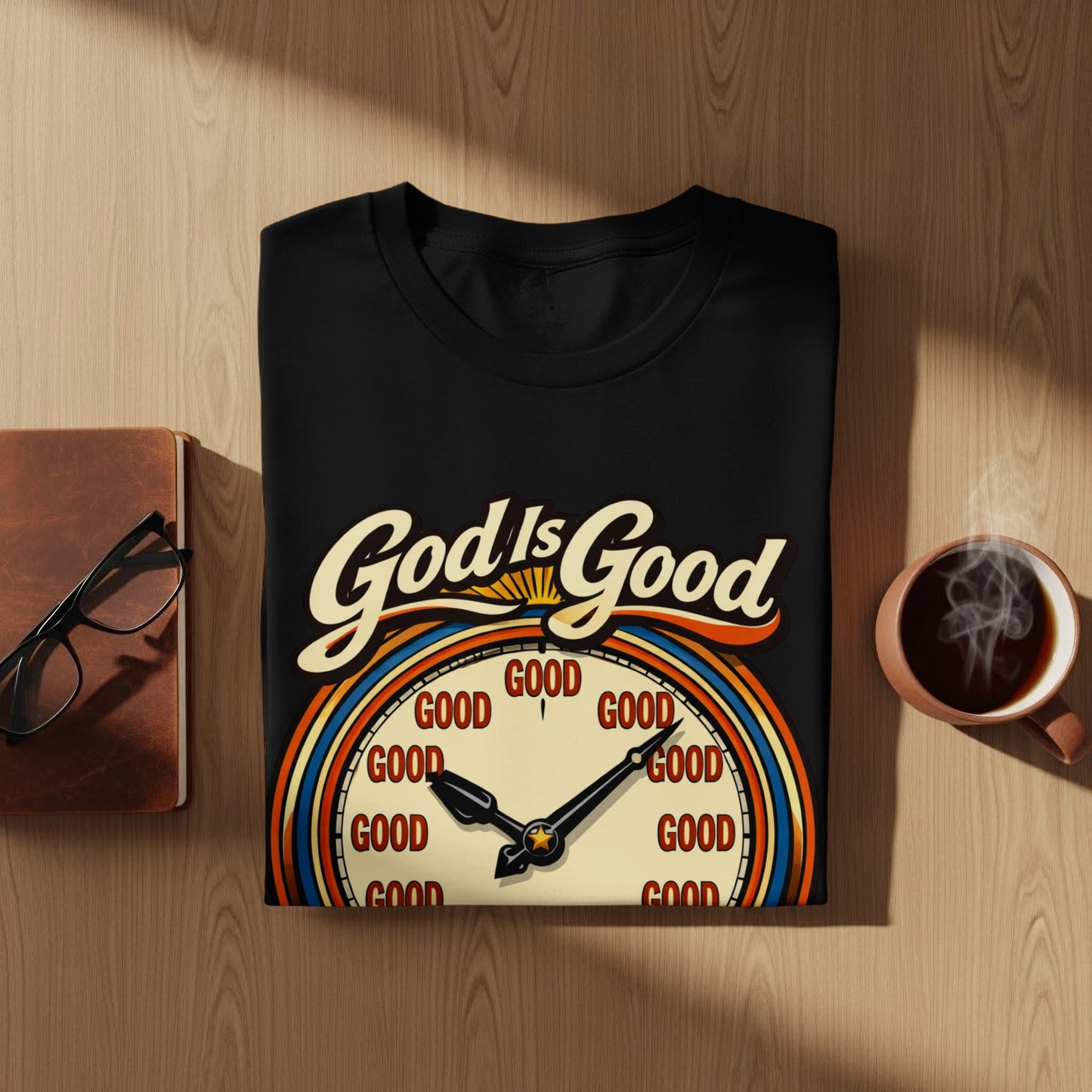 Black t-shirt with "God Is Good" text and a clock graphic with "GOOD" on the face.