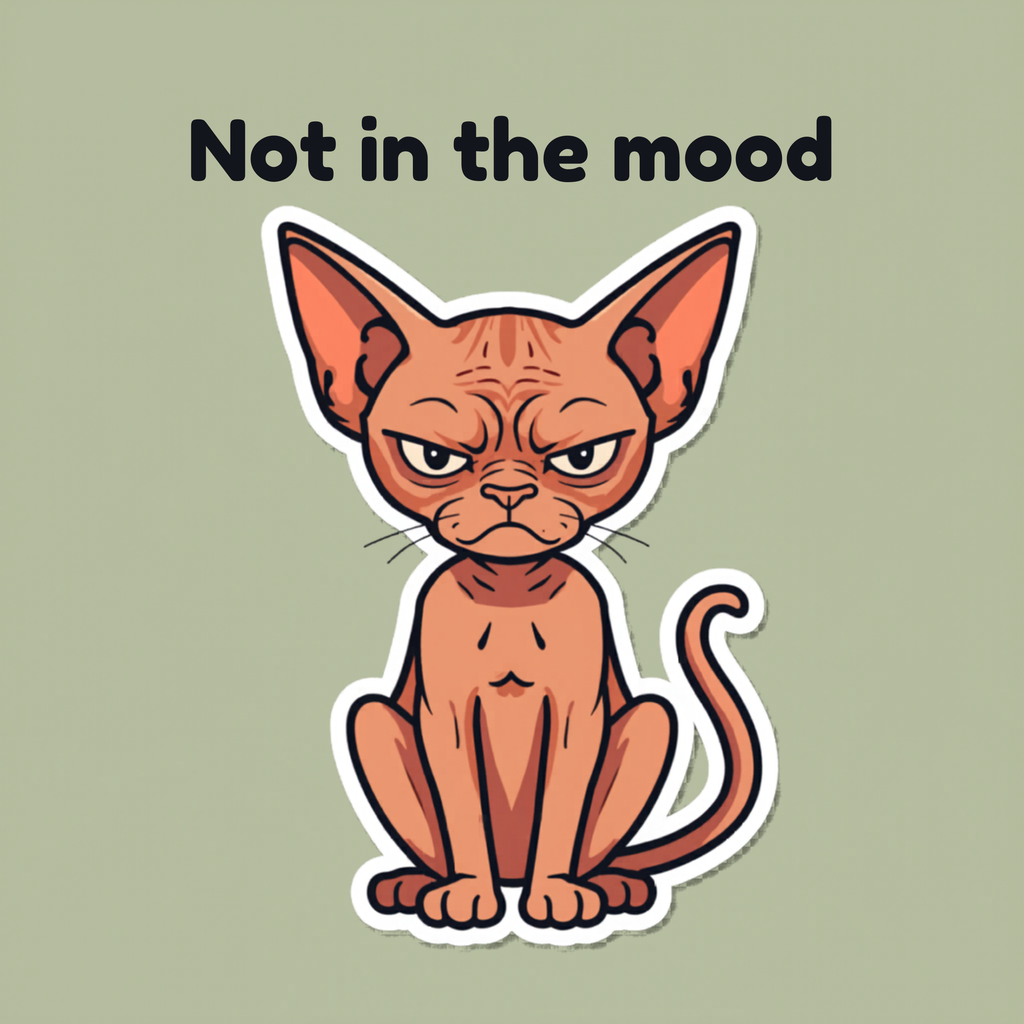 Cartoon sphynx cat sitting with an angry expression under text "Not in the mood".