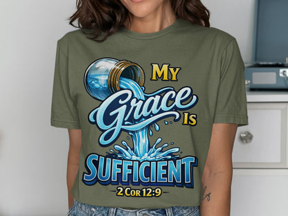 T-shirt with text "My Grace Is Sufficient" and Bible verse 2 Cor 12:9.