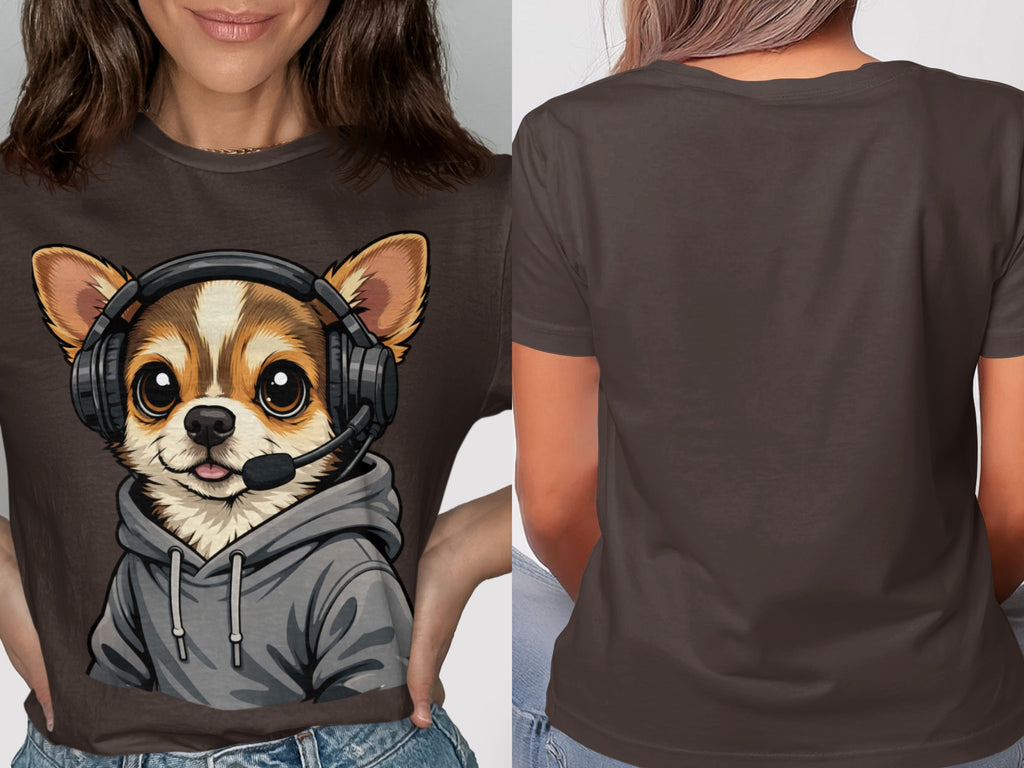 Chihuahua wearing headphones and hoodie on a brown t-shirt, shown front and back.