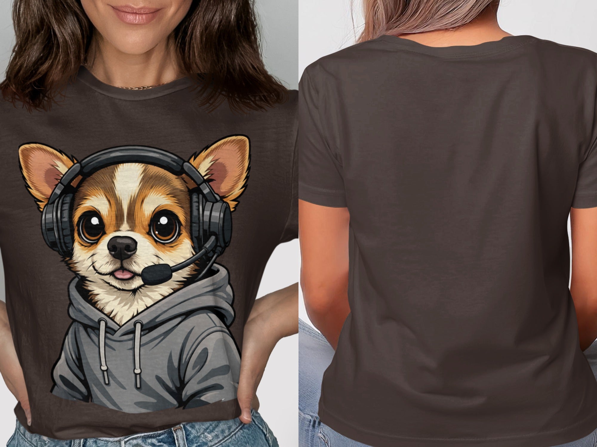 Chihuahua wearing headphones and hoodie on a brown t-shirt, shown front and back.