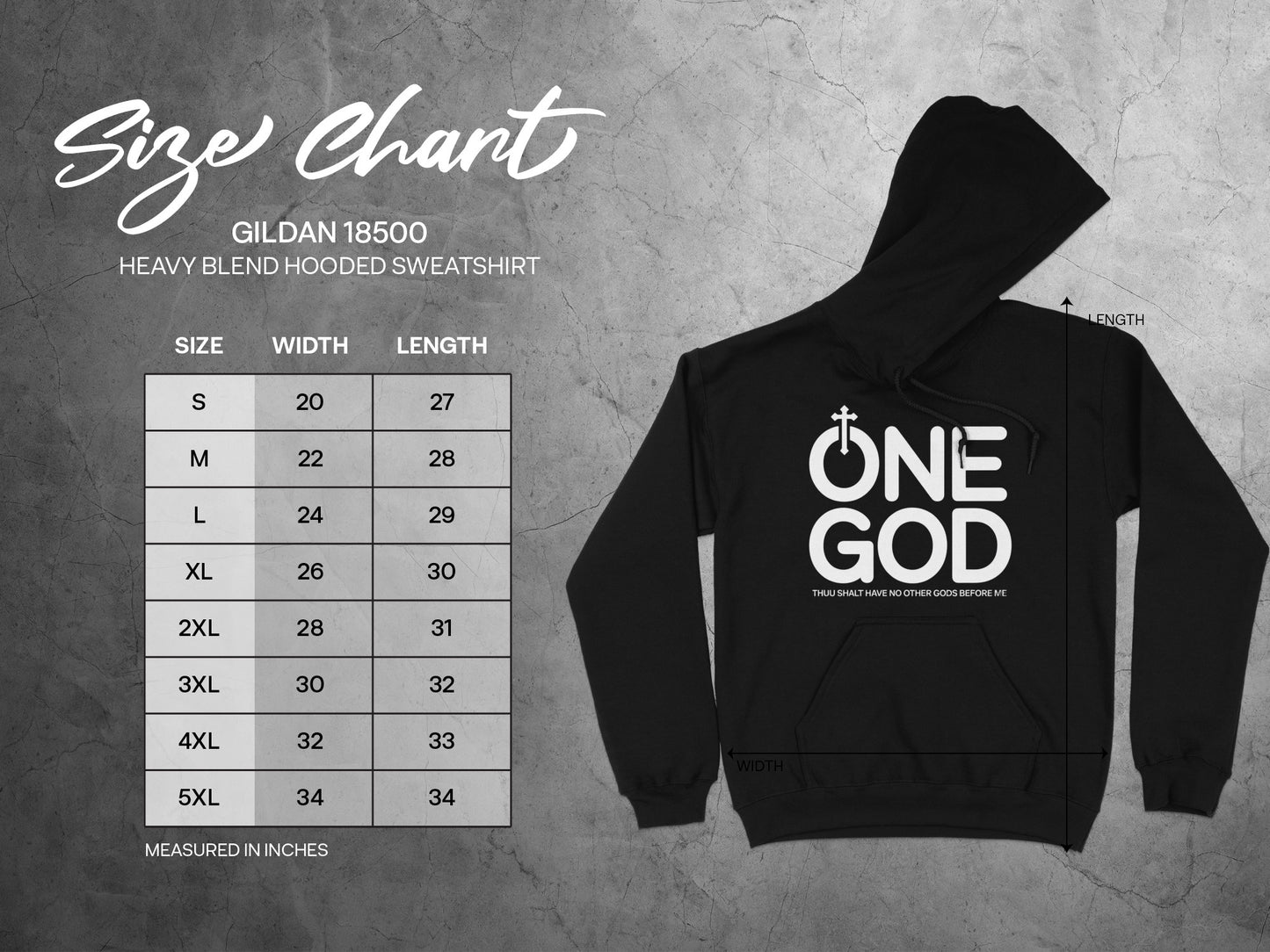 Gildan 18500 Heavy Blend Hooded Sweatshirt size chart with width and length measurements in inches.