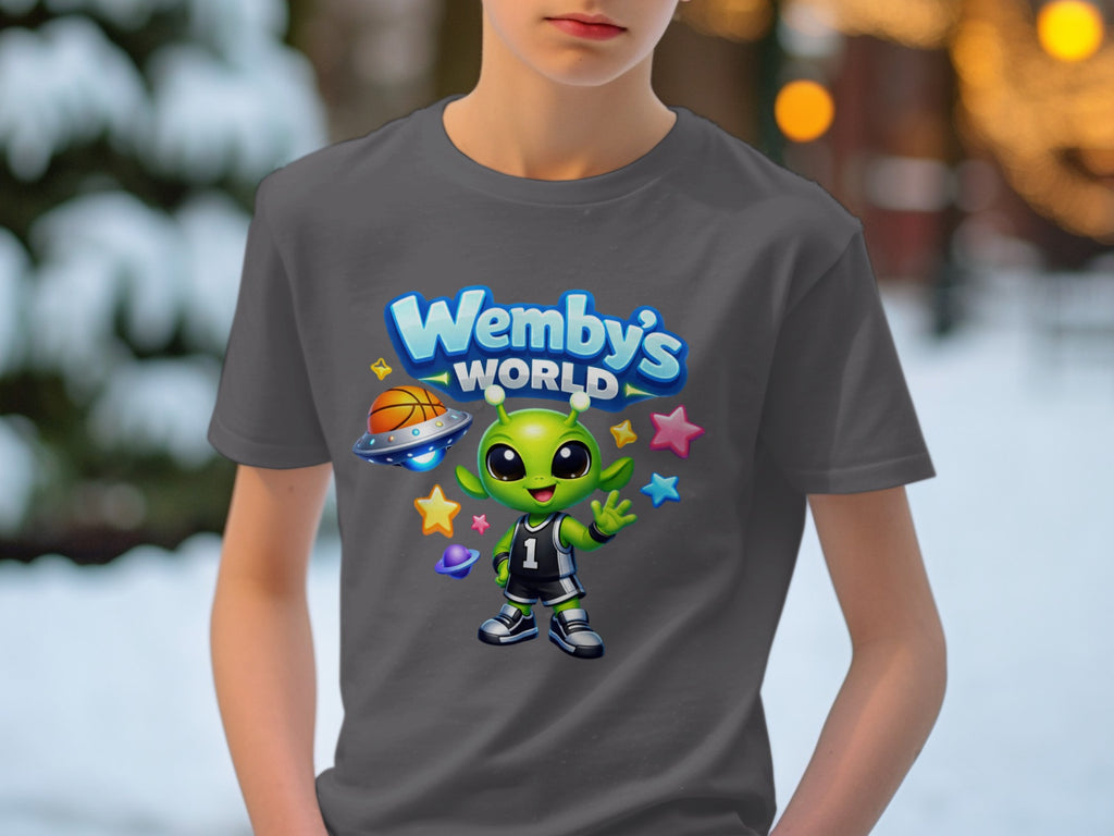 Dark grey t-shirt with a cartoon alien, basketball, and "Wemby's World" text.