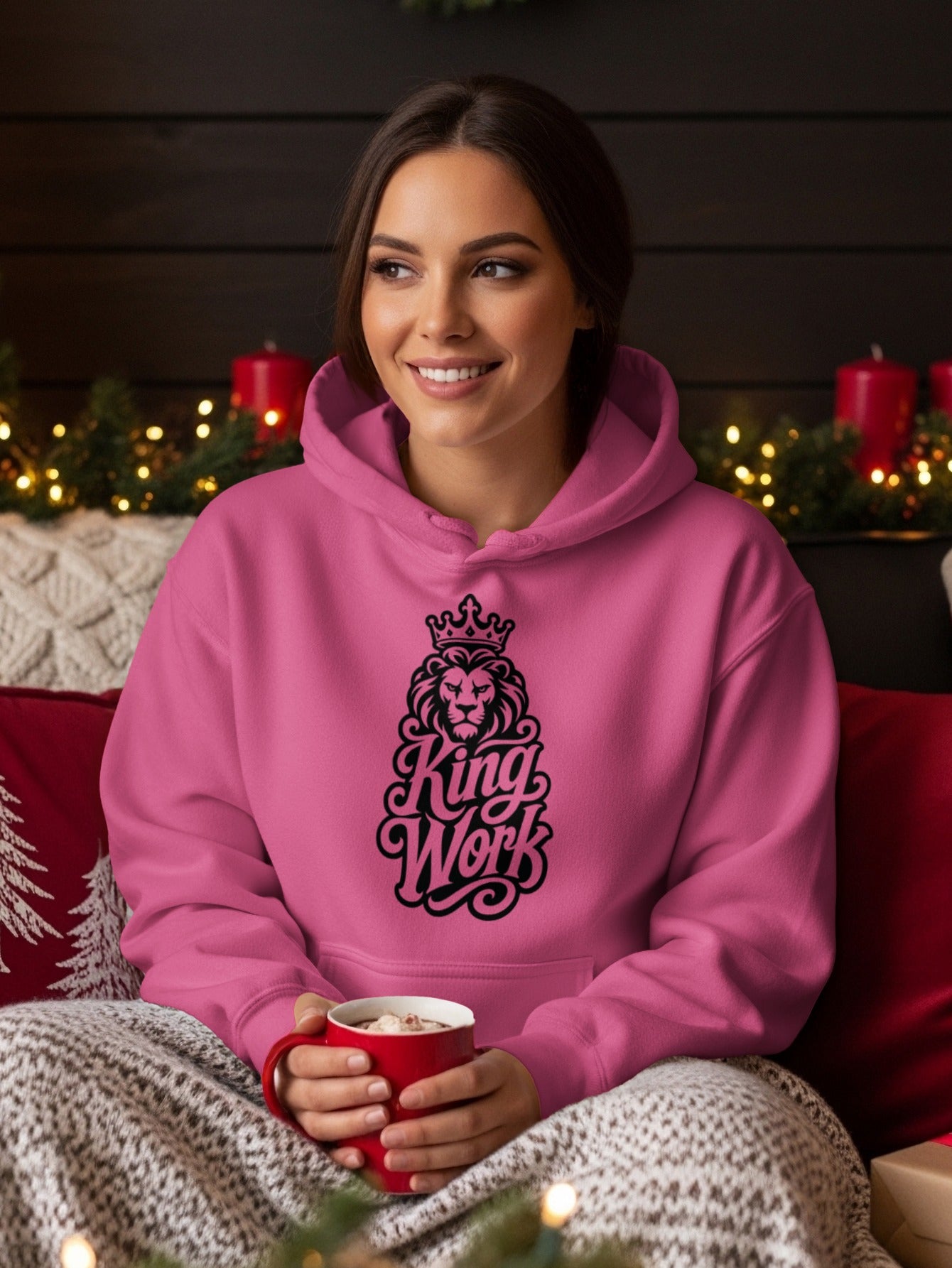 Pink hoodie with a black lion crown and "King Work" graphic.