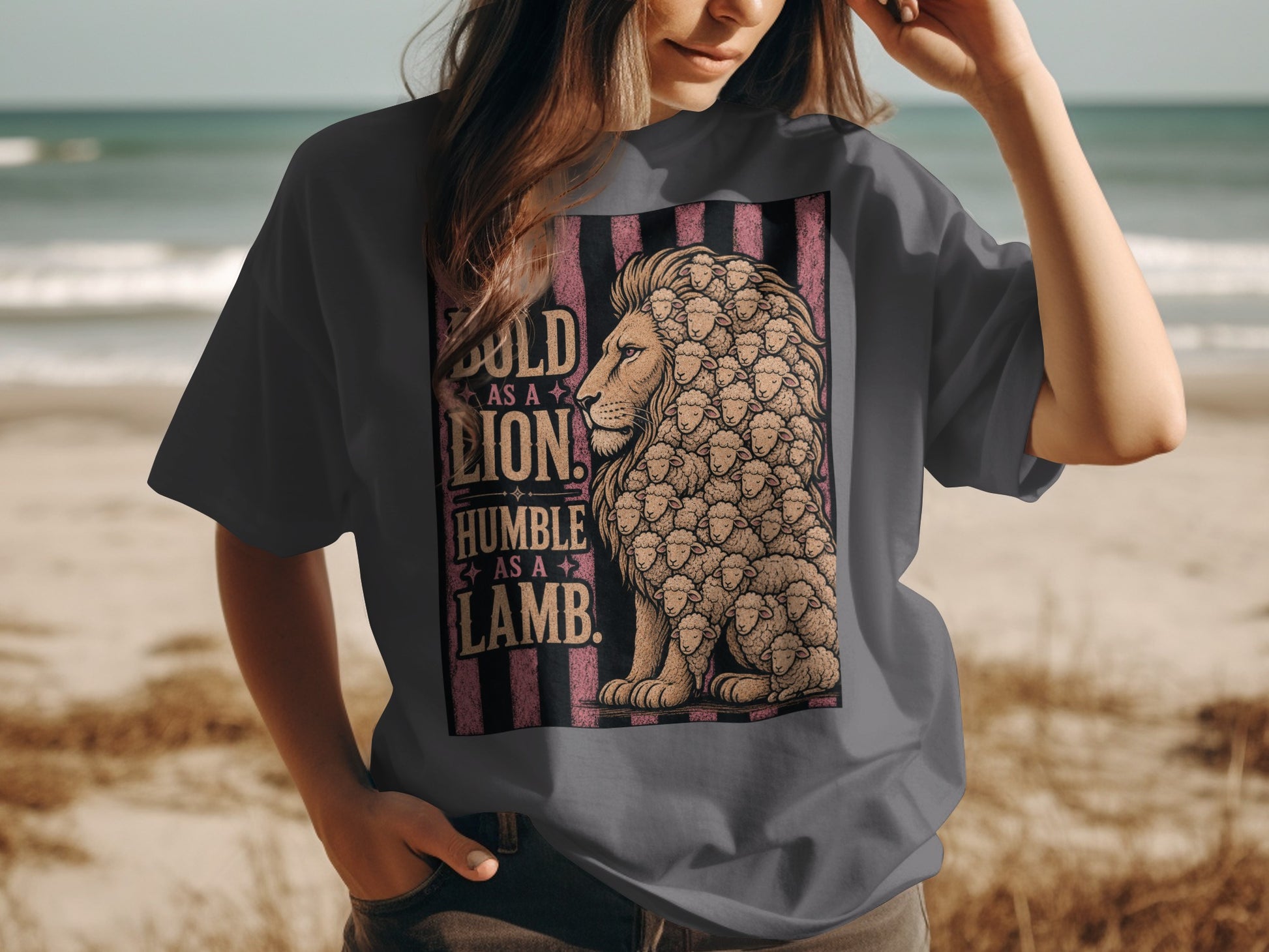 T-shirt graphic with lion made of sheep, "Bold as a Lion, Humble as a Lamb."