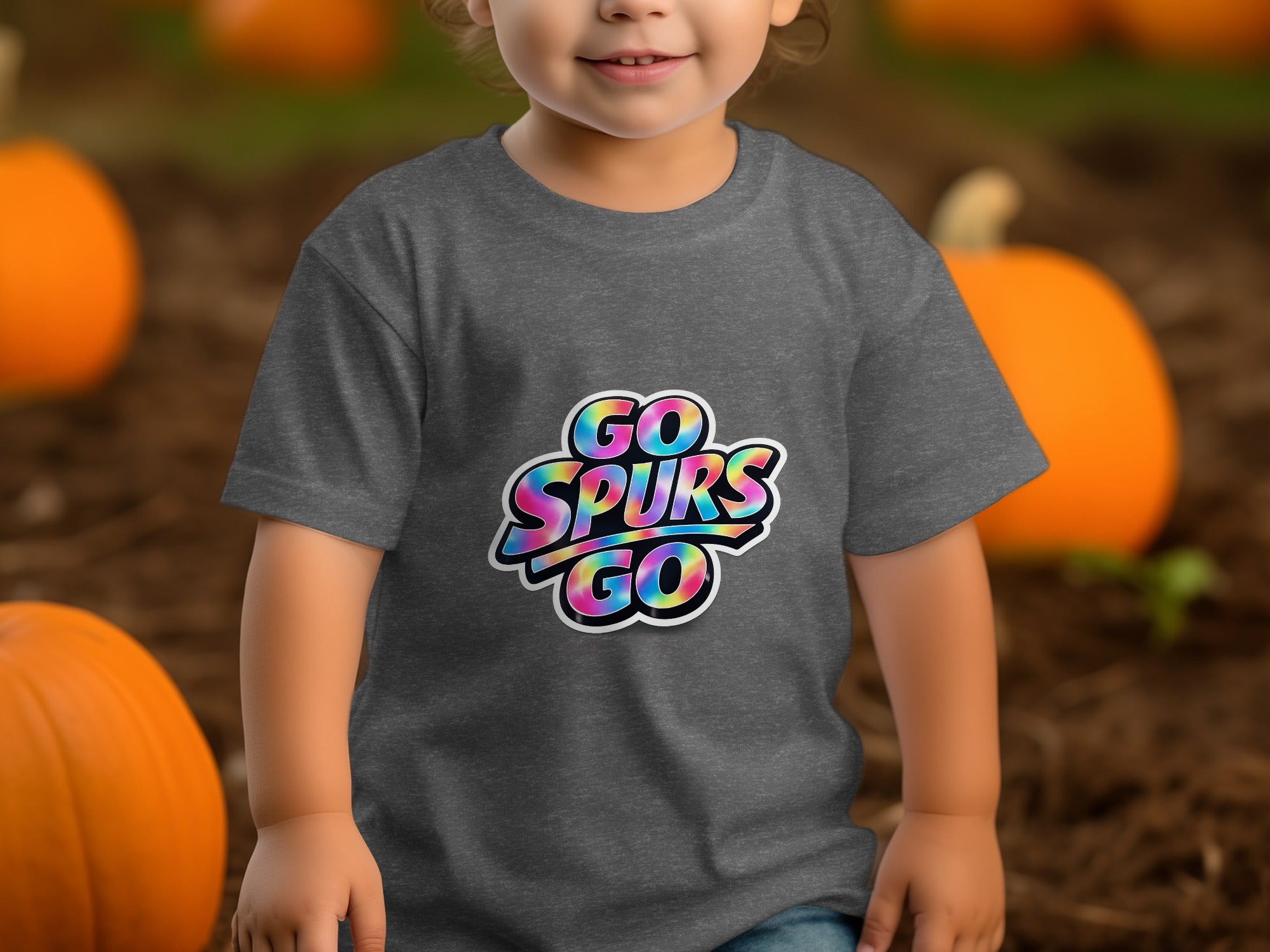 Child wearing a grey t-shirt with "GO SPURS GO" in colorful tie-dye lettering.