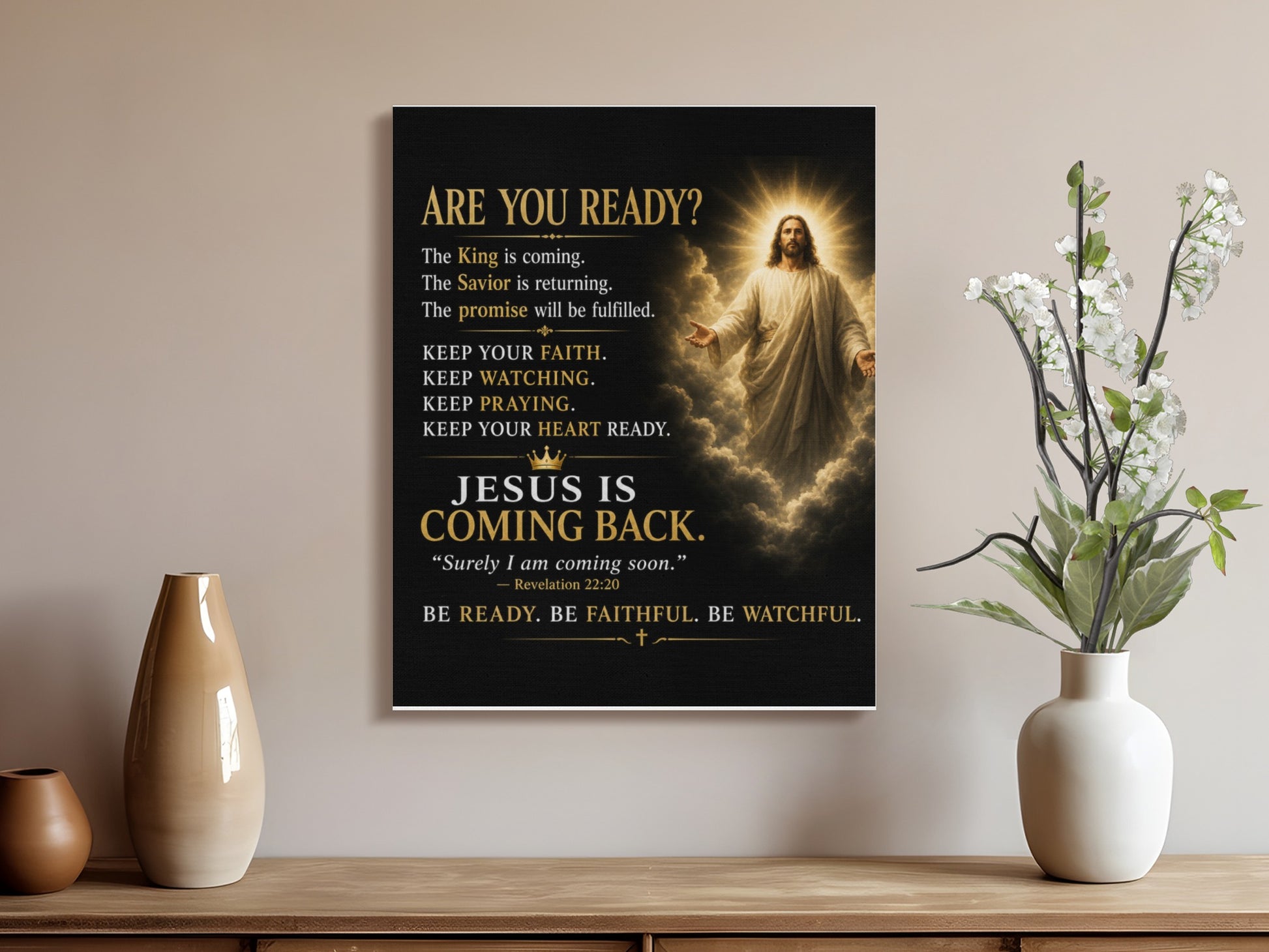 Jesus artwork with text about his return and readiness.