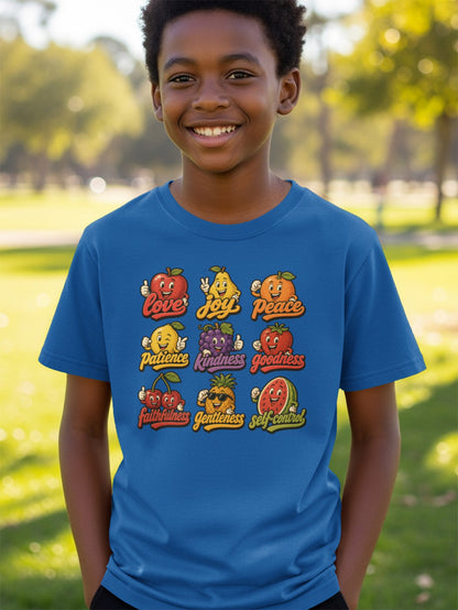 Blue t-shirt with cartoon fruits spelling out virtues: love, joy, peace, patience, kindness, goodness.