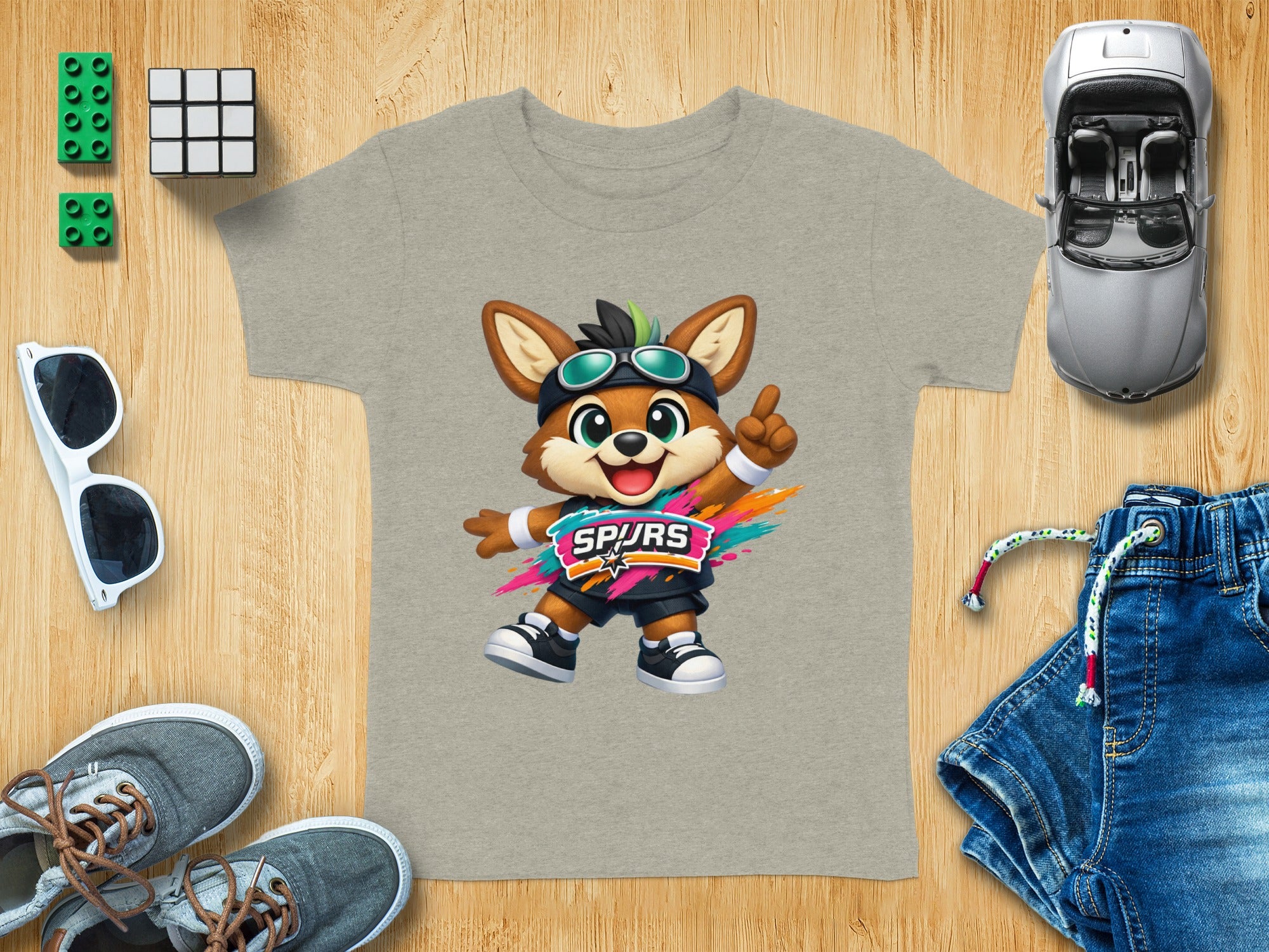 T-shirt with cartoon fox mascot wearing goggles and "Spurs" logo.