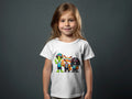 White t-shirt featuring cartoon alien, fox, and robot characters, basketball themed.