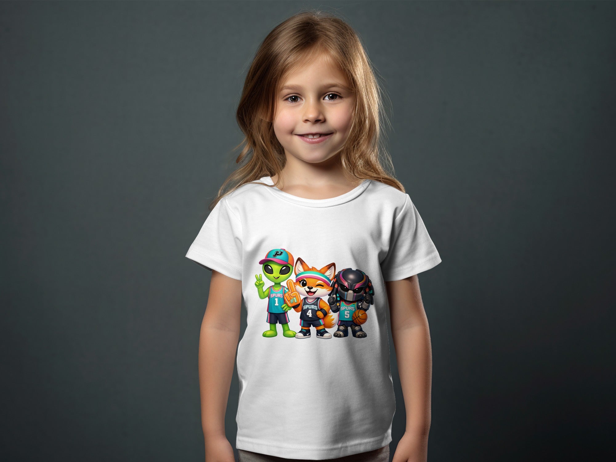 White t-shirt featuring cartoon alien, fox, and robot characters, basketball themed.