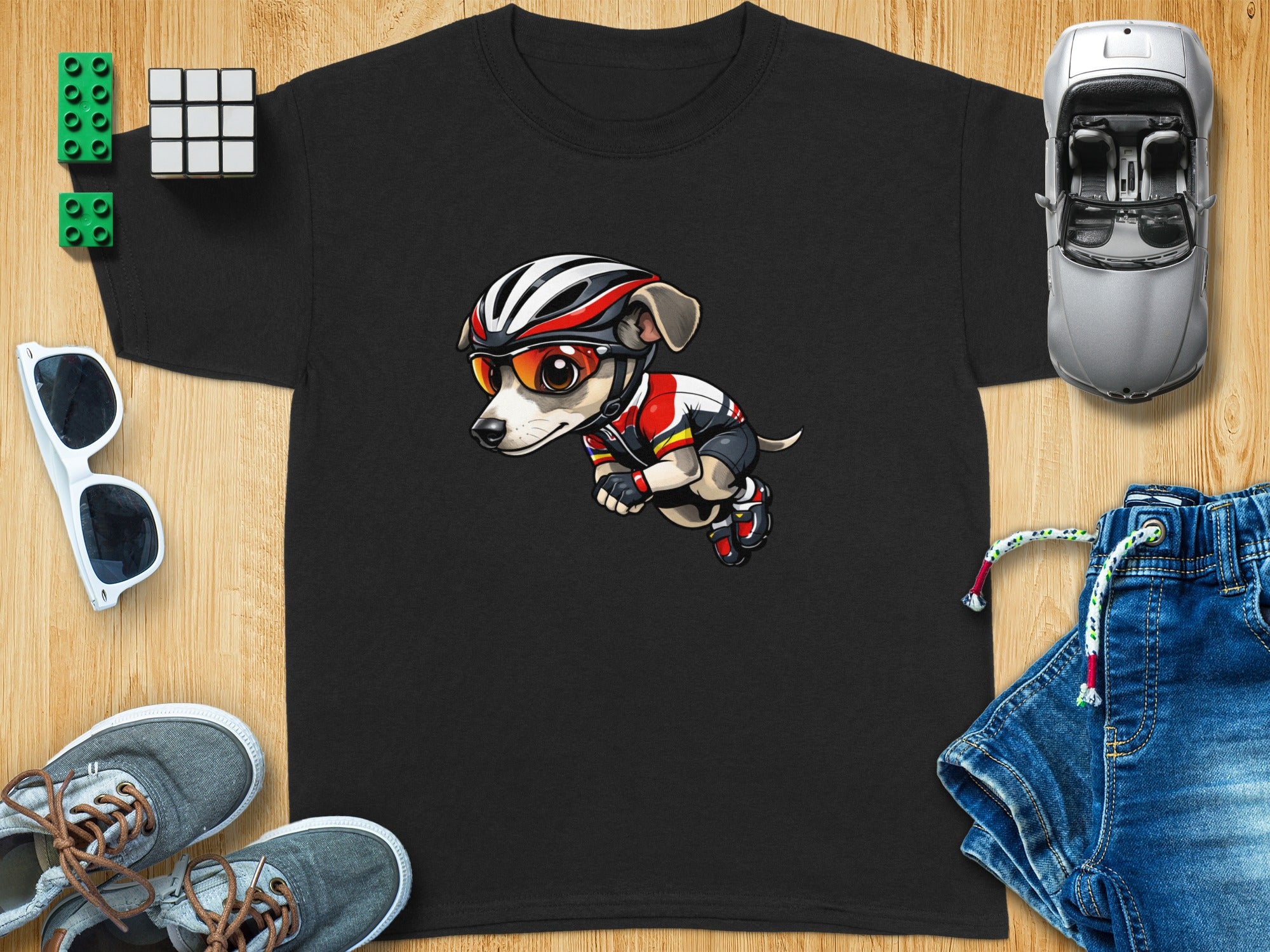Black t-shirt with cartoon dog wearing cycling gear; surrounded by toys and clothes.