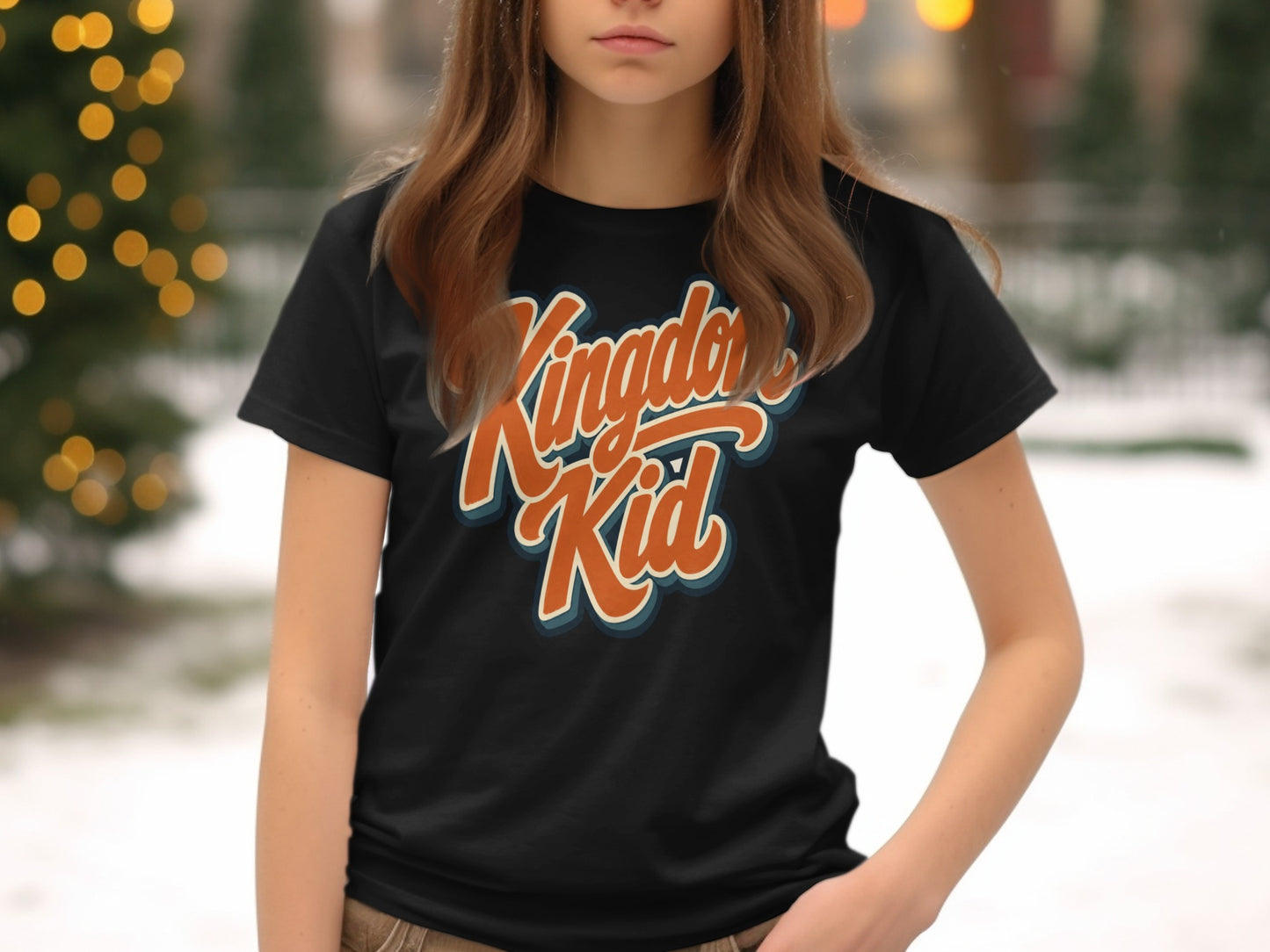 Black t-shirt with "Kingdom Kid" text in orange and blue lettering.