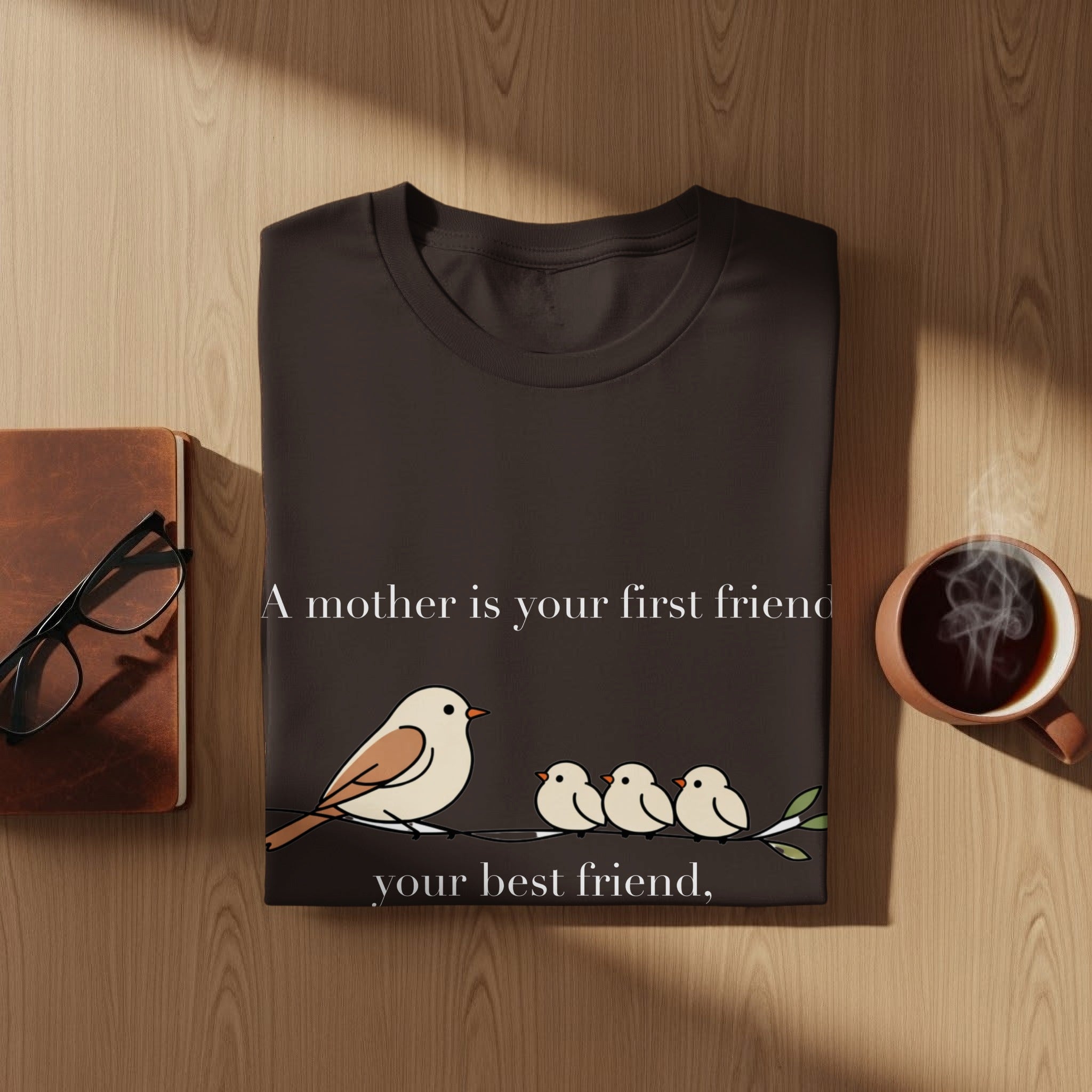 Dark t-shirt with birds and text: A mother is your first friend, your best friend.
