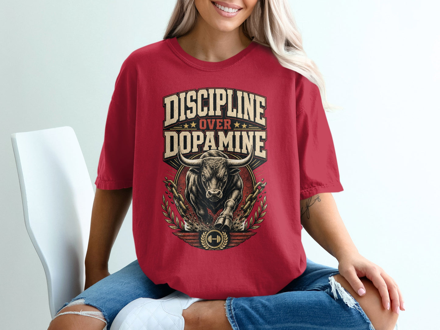 Red t-shirt with bull graphic and text "DISCIPLINE OVER DOPAMINE".