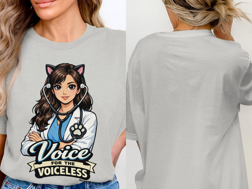 Illustration of a vet with cat ears wearing a lab coat and stethoscope, text reads "Voice for the Voiceless".