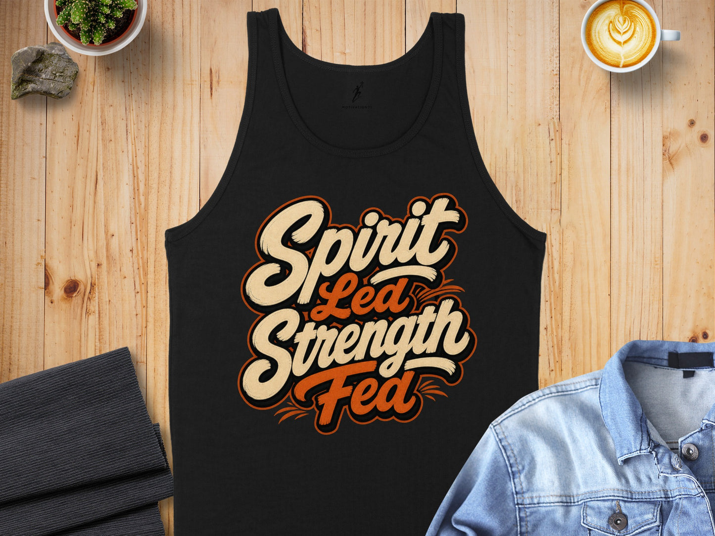 Black tank top with "Spirit Led Strength Fed" text in bold beige and orange.