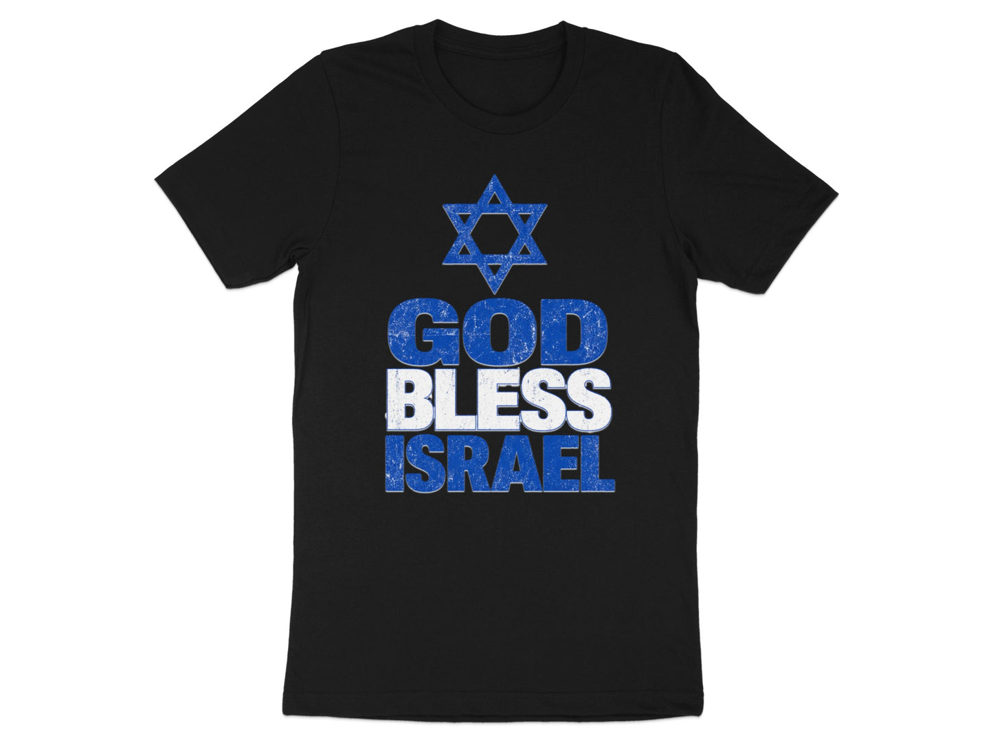Black t-shirt with "God Bless Israel" text and a Star of David.