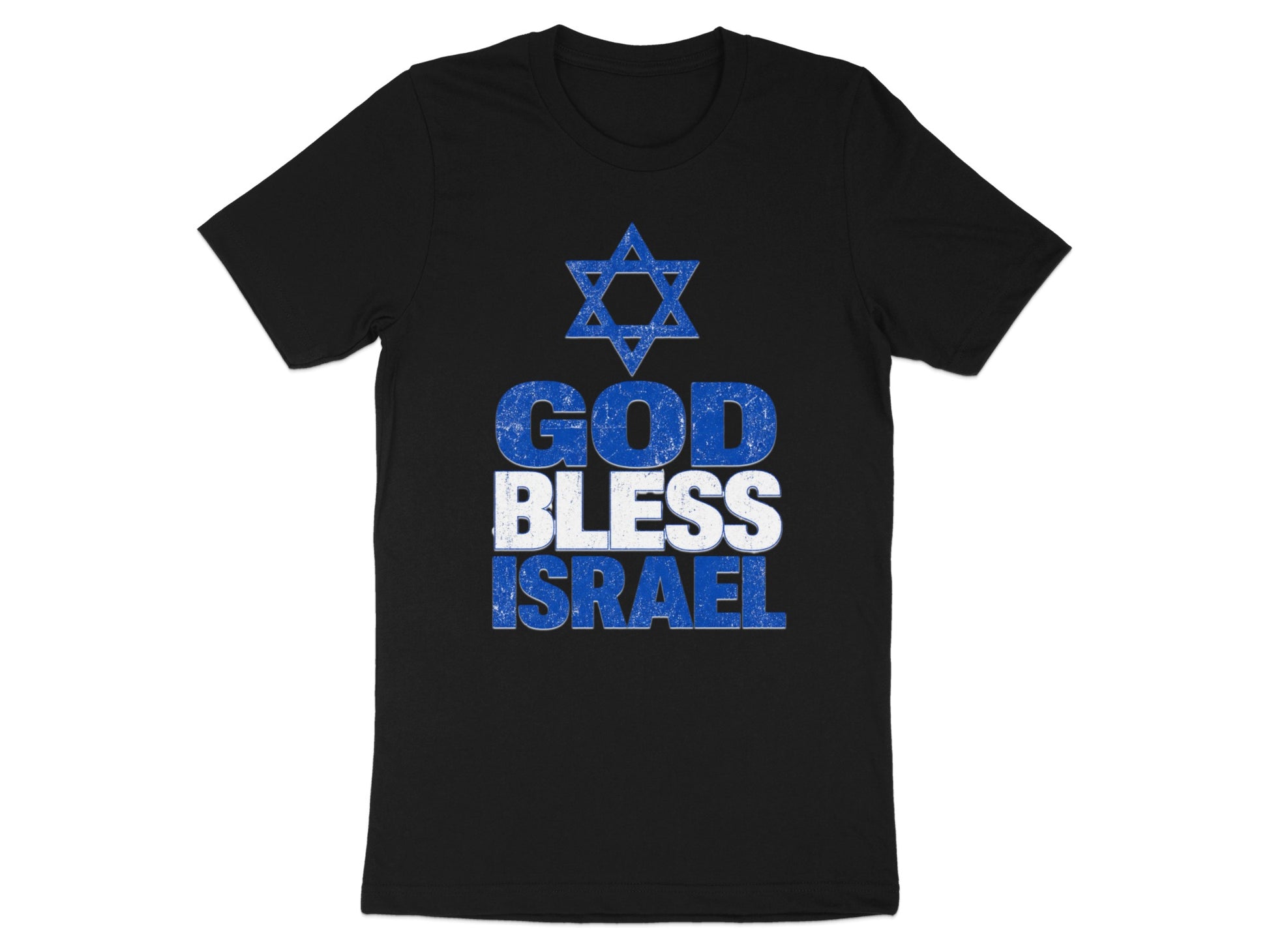 Black t-shirt with "God Bless Israel" text and a Star of David.