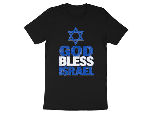 Black t-shirt with "God Bless Israel" text and a Star of David.