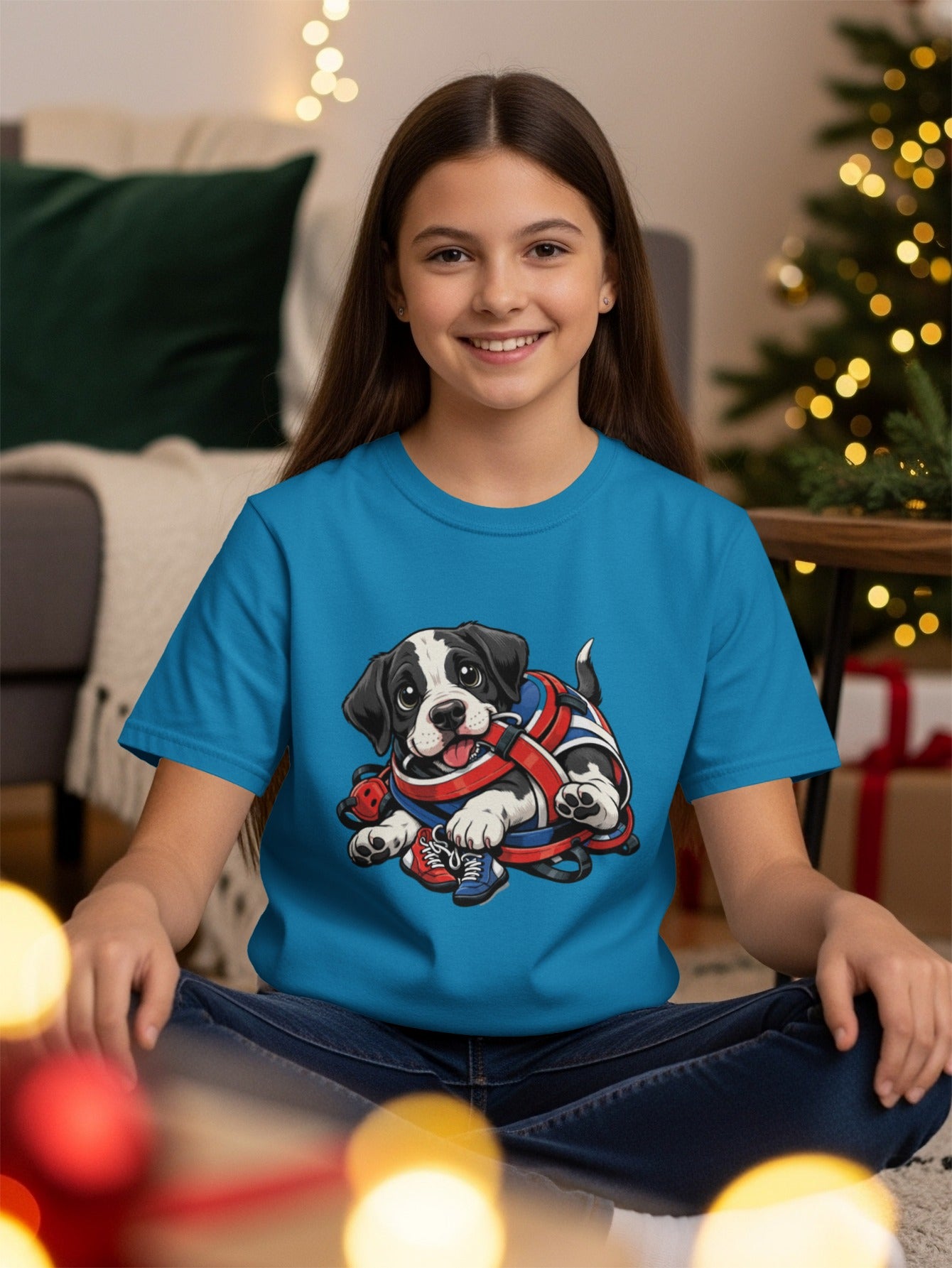 Cute puppy with red, white, and blue harness and sneakers on blue t-shirt.