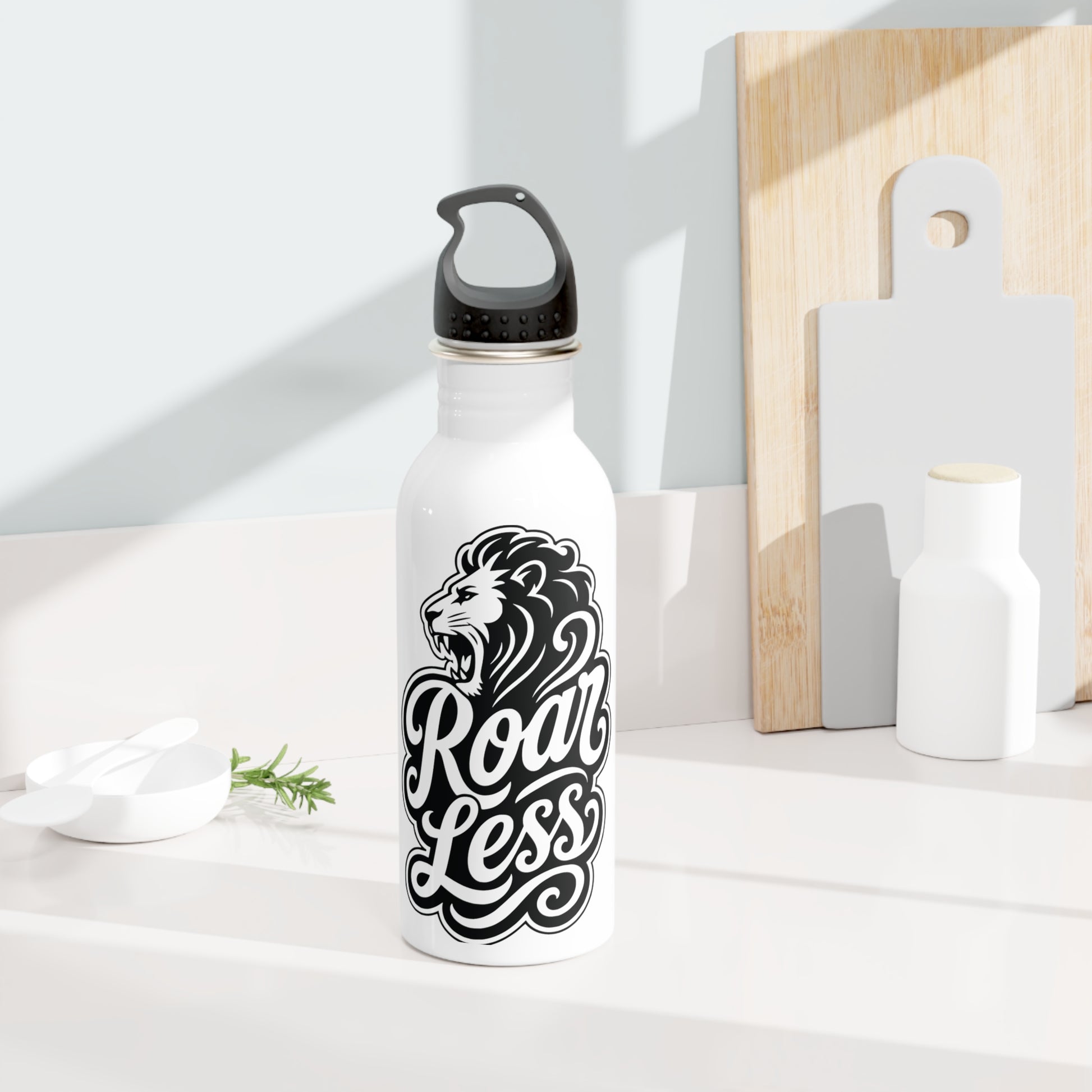 White water bottle with black lion and "Roar Less" text design.