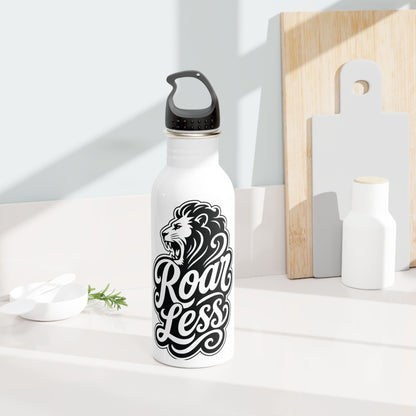 White water bottle with black lion and "Roar Less" text design.