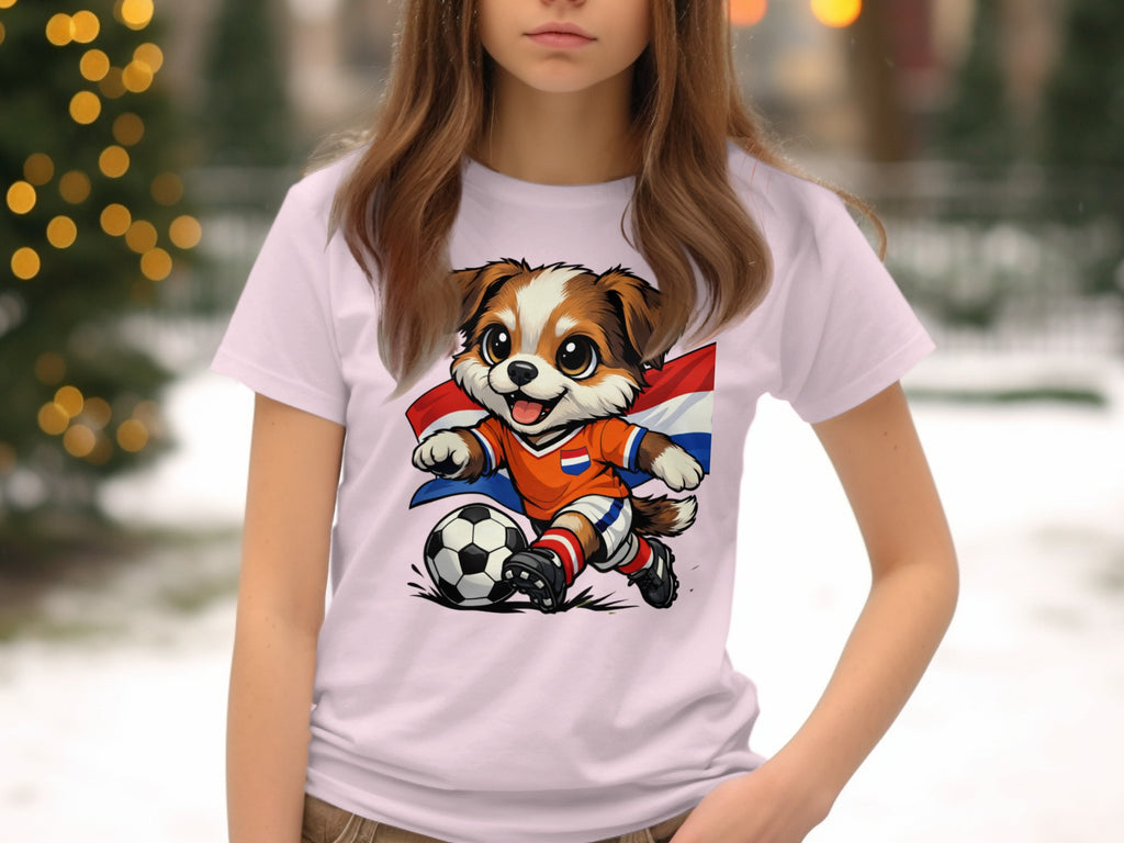 Illustration of a cartoon dog playing soccer with the Dutch flag.
