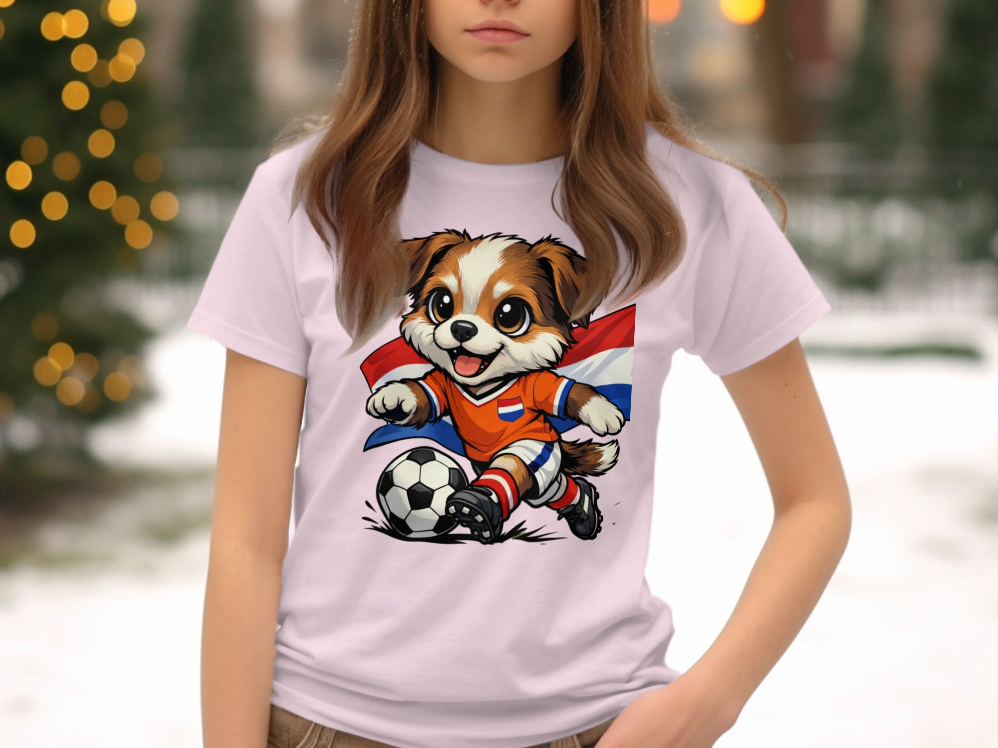 Illustration of a cartoon dog playing soccer with the Dutch flag.
