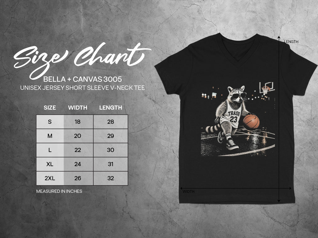 Size chart for Bella + Canvas 3005 unisex v-neck tee with raccoon basketball graphic.