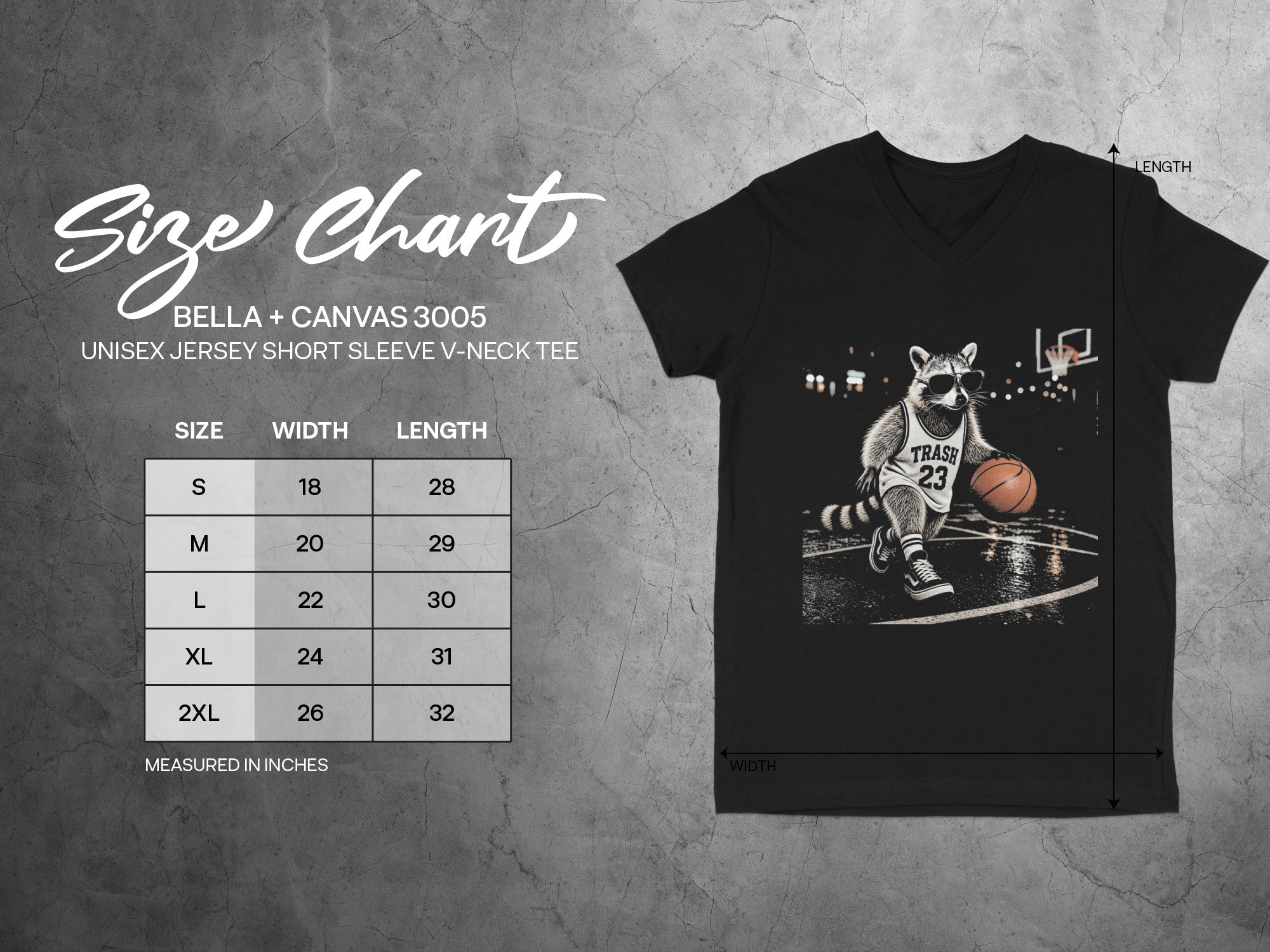 Size chart for Bella + Canvas 3005 unisex v-neck tee with raccoon basketball graphic.