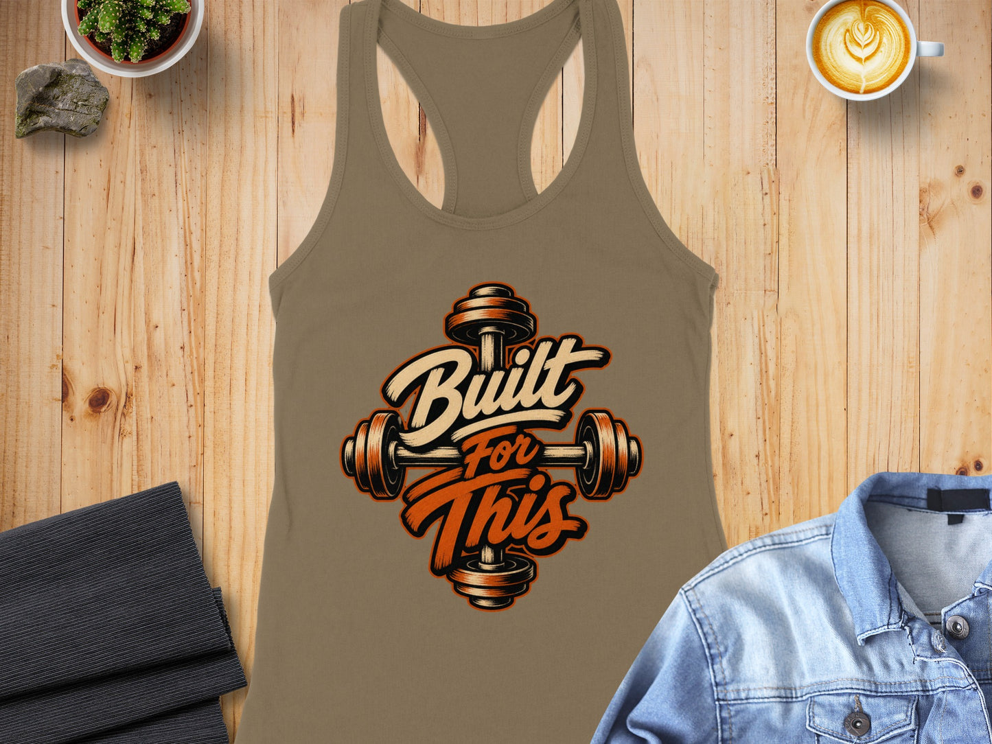 Tan tank top with "Built For This" graphic featuring dumbbells.