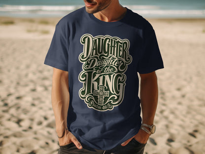 Navy t-shirt with "Daughter of the King" and Psalm 46:5 text and cross design.