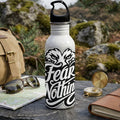 White reusable water bottle with black "Fear Nothing" text and eagle design.
